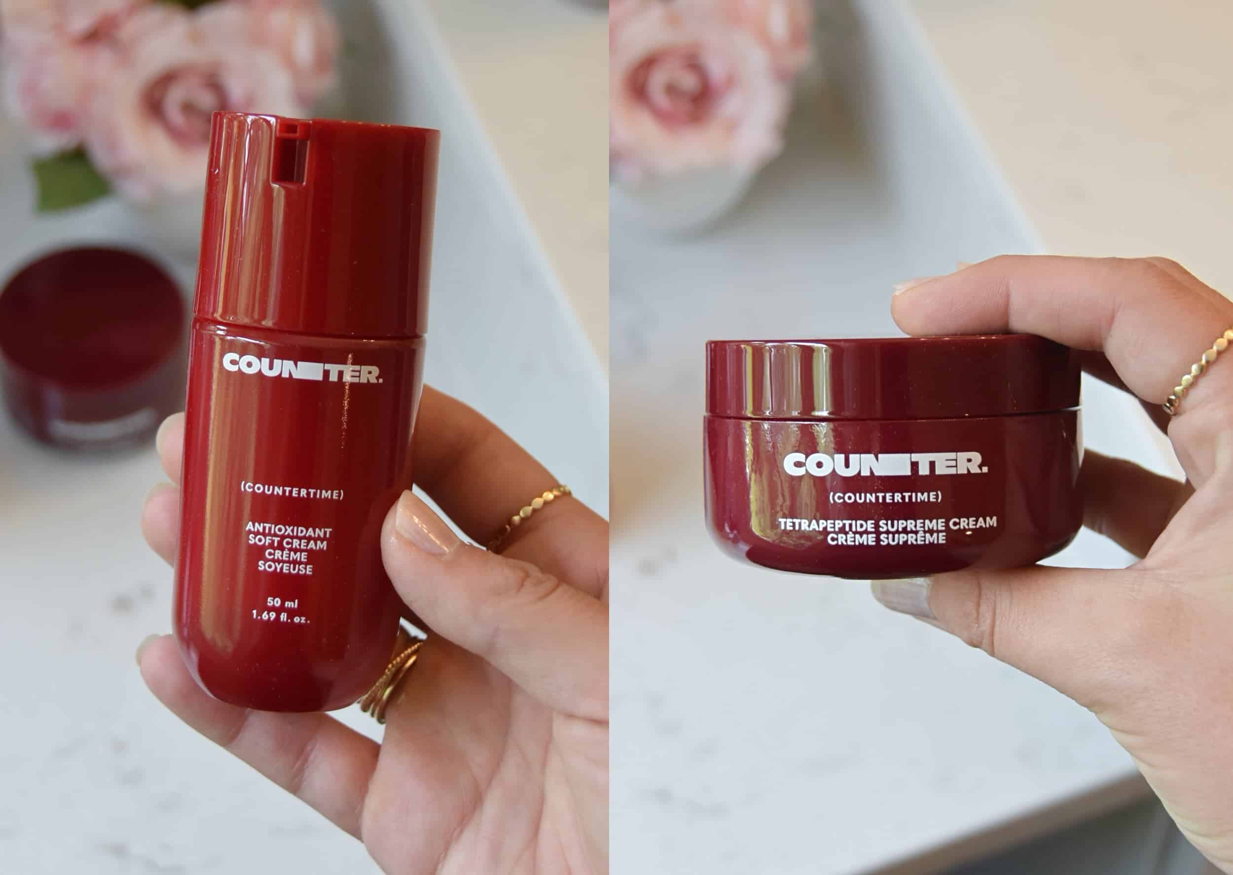 Holding the new Counter Countertime Antioxidant Soft Cream and Supreme Cream in my hands to show off the bottles.