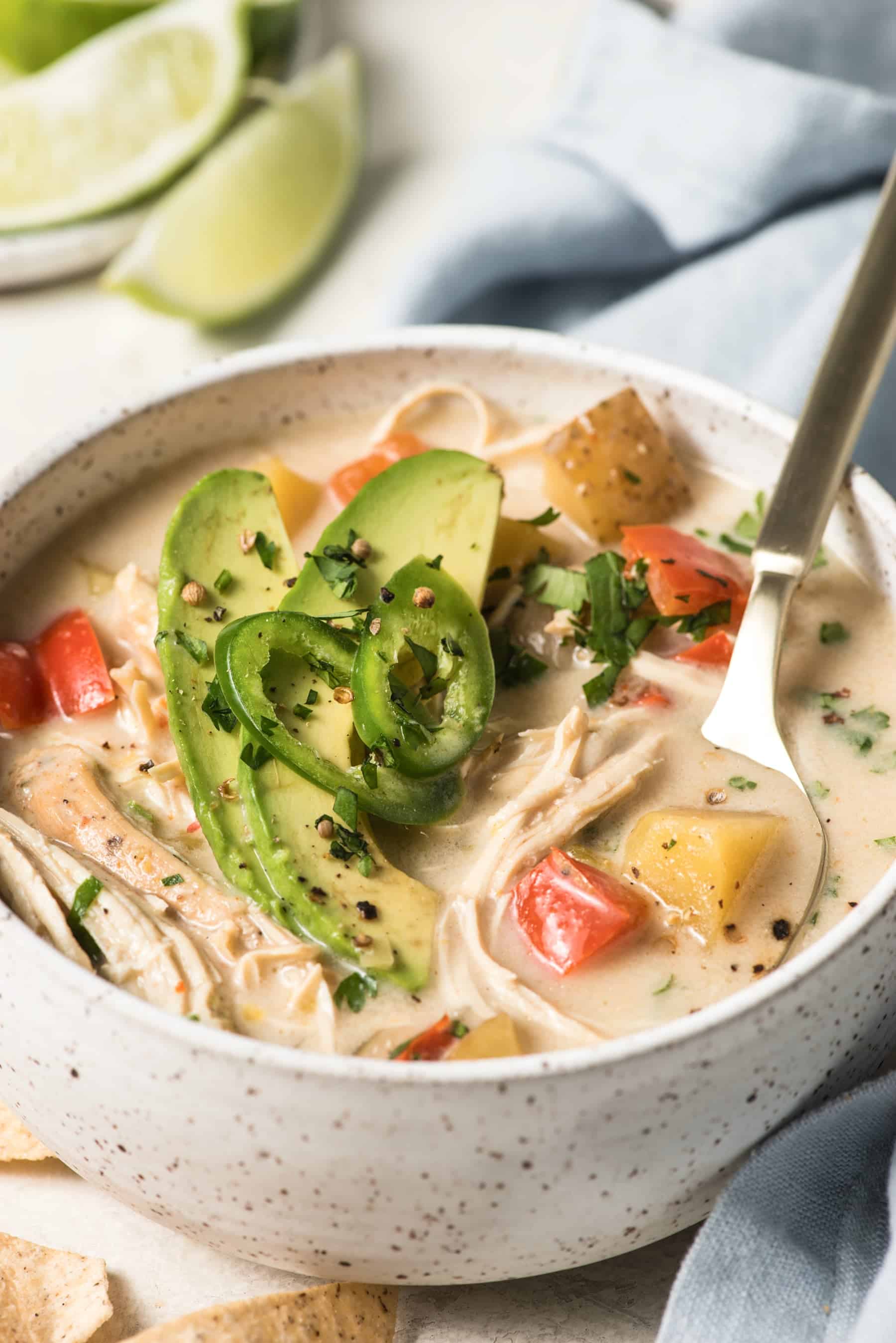A bowl of dairy free white chili chili after it's come out of the slow cooker with toppings like avocado and cilantro.
