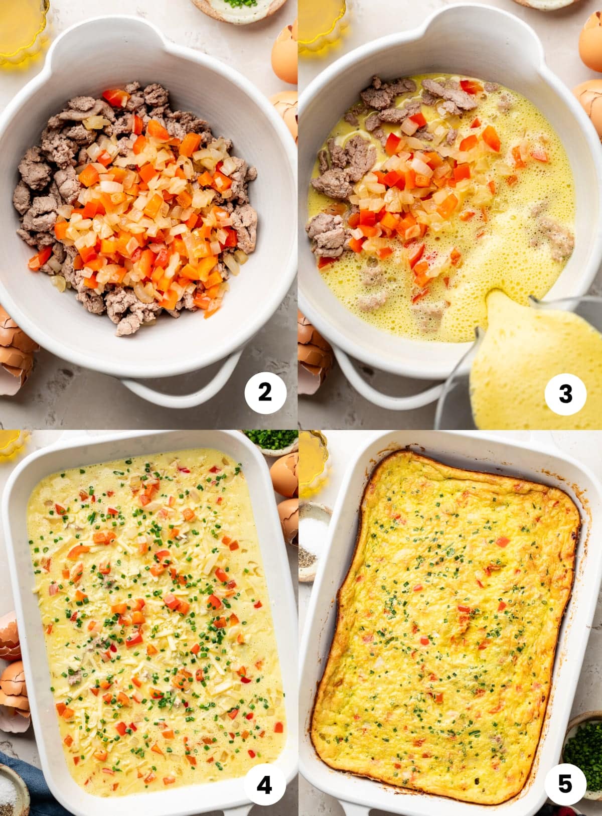 Steps for how to make the recipe, including browning the vegetables and meat, blending the eggs and cottage cheese, spreading it in the pan, and baking it.
