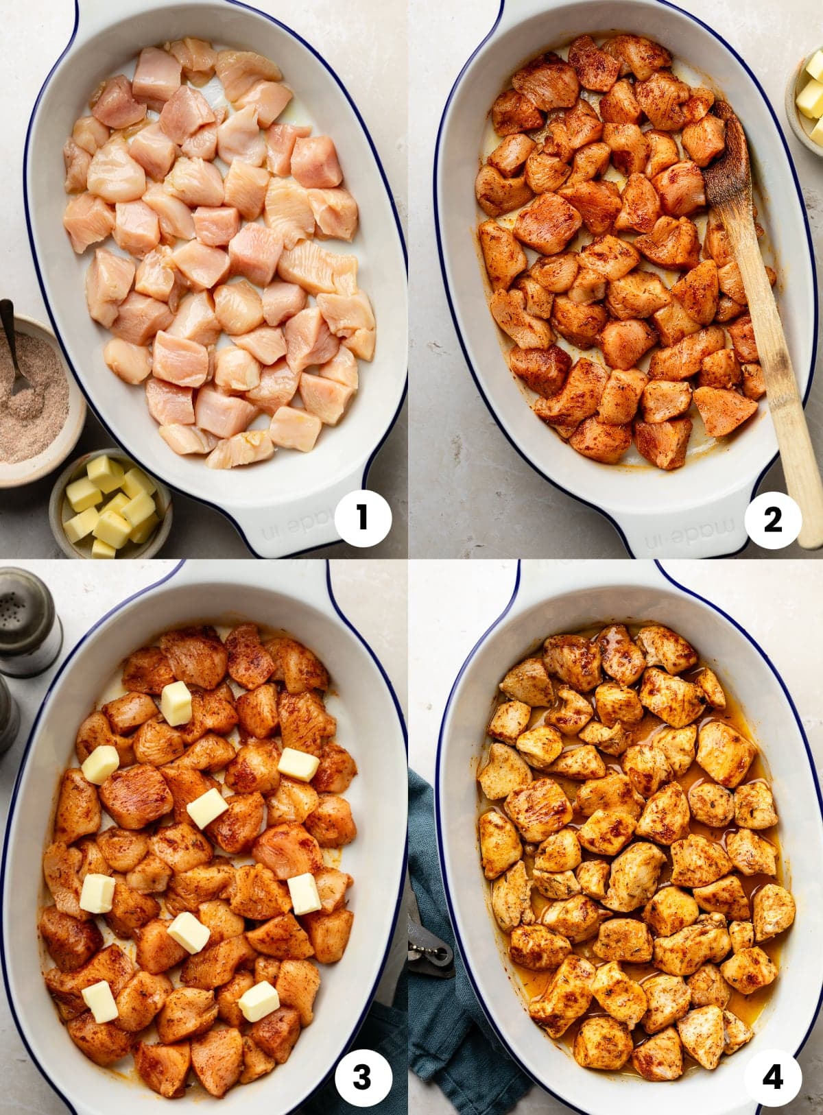 Step by step instructions for how to make the recipe, including raw chicken in the pan, chicken tossed with the spices and olive oil, chicken with the butter cubes, and the chicken bites after being baked in the oven.