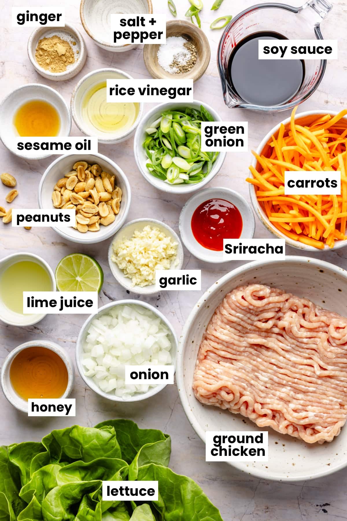 Ingredients in the recipe, including ground chicken, ginger, salt, pepper, rice vinegar, sesame oil, green onion, carrots, Sriracha, peanuts, garlic, lime juice, onion, honey, coconut aminos, and lettuce.
