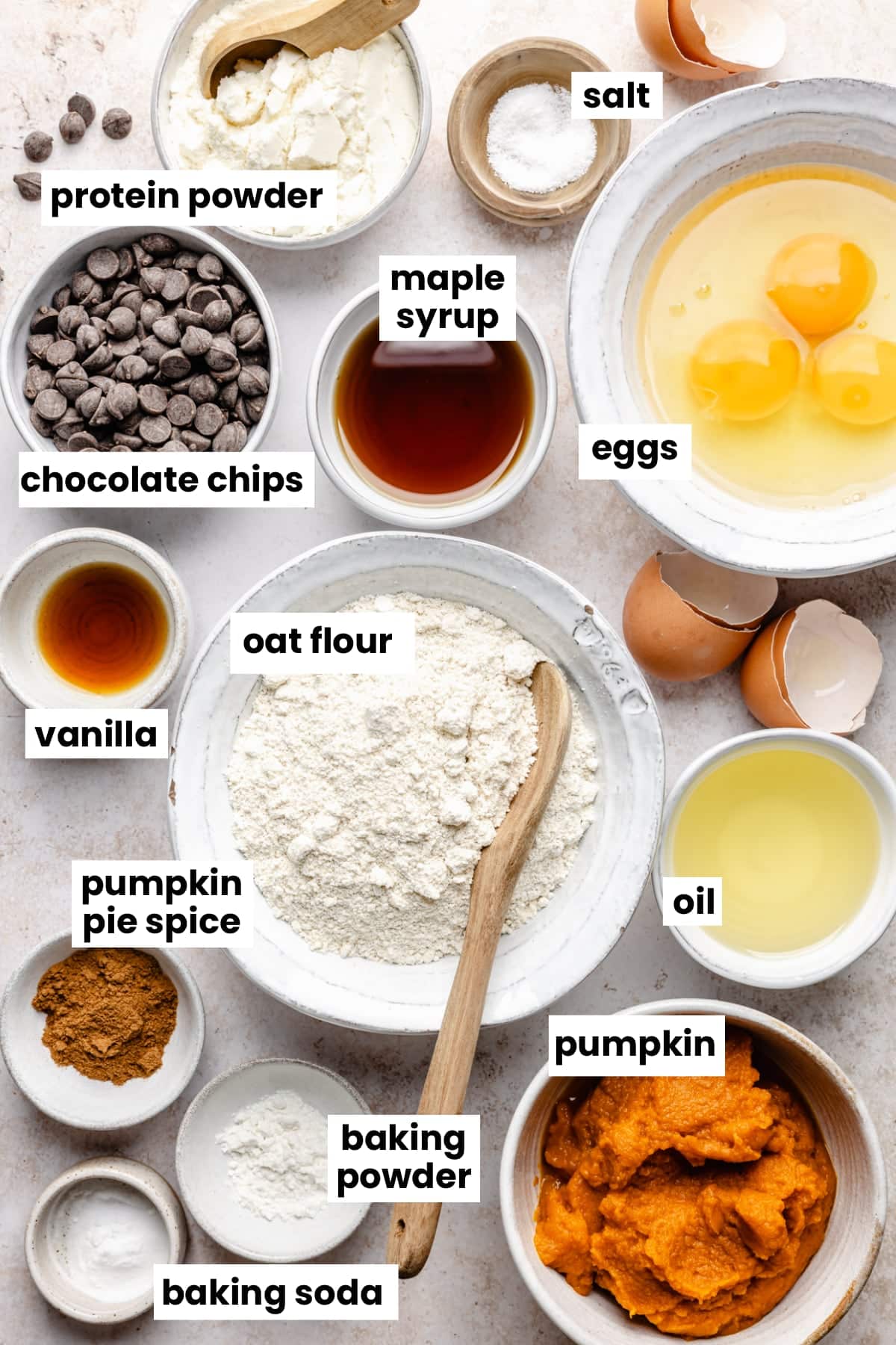Ingredients in the recipe, including protein powder, pumpkin, oat flour, salt, chocolate chips, maple syrup, eggs, vanilla, oil, baking powder, baking soda, and pumpkin pie spice.