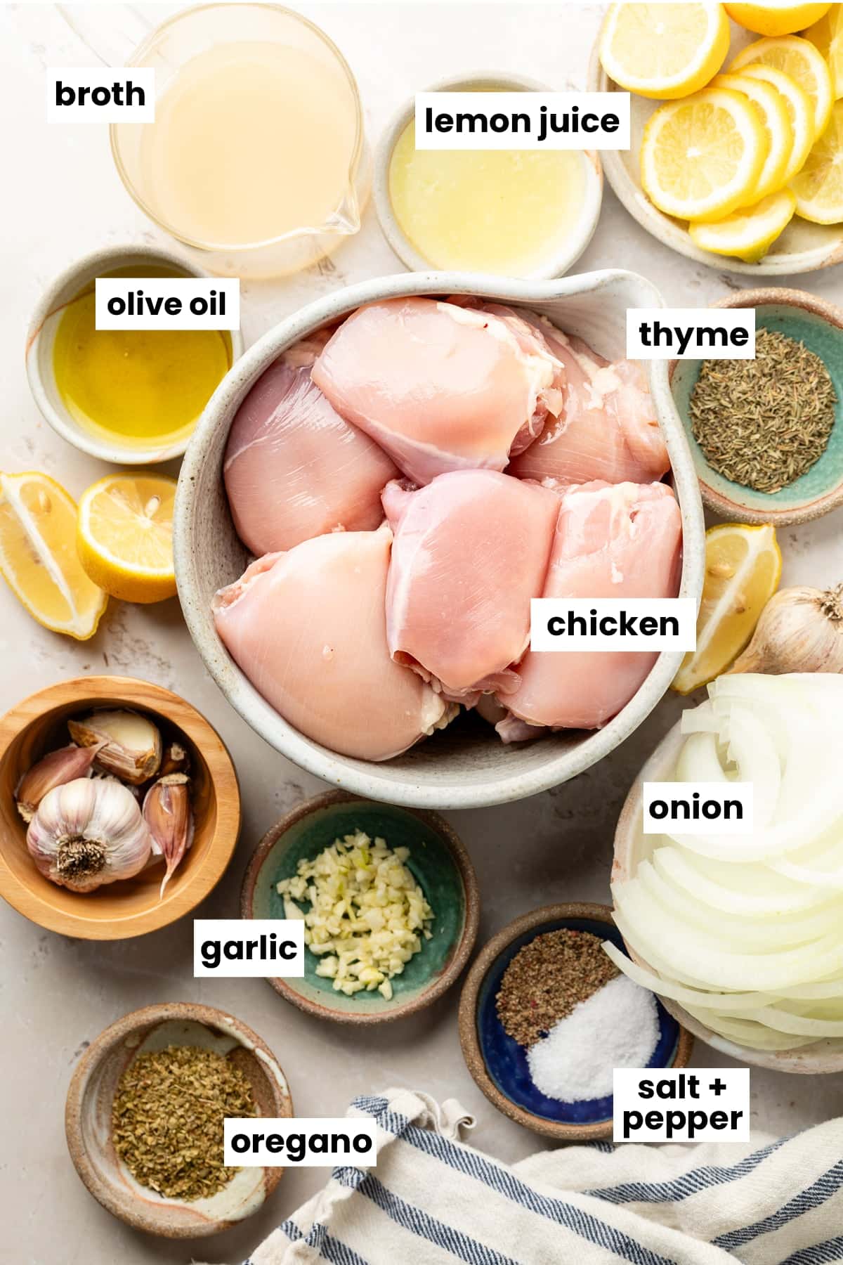 Ingredients in the recipe, including chicken, onion, lemon, thyme, garlic, salt, pepper, oregano, and broth.