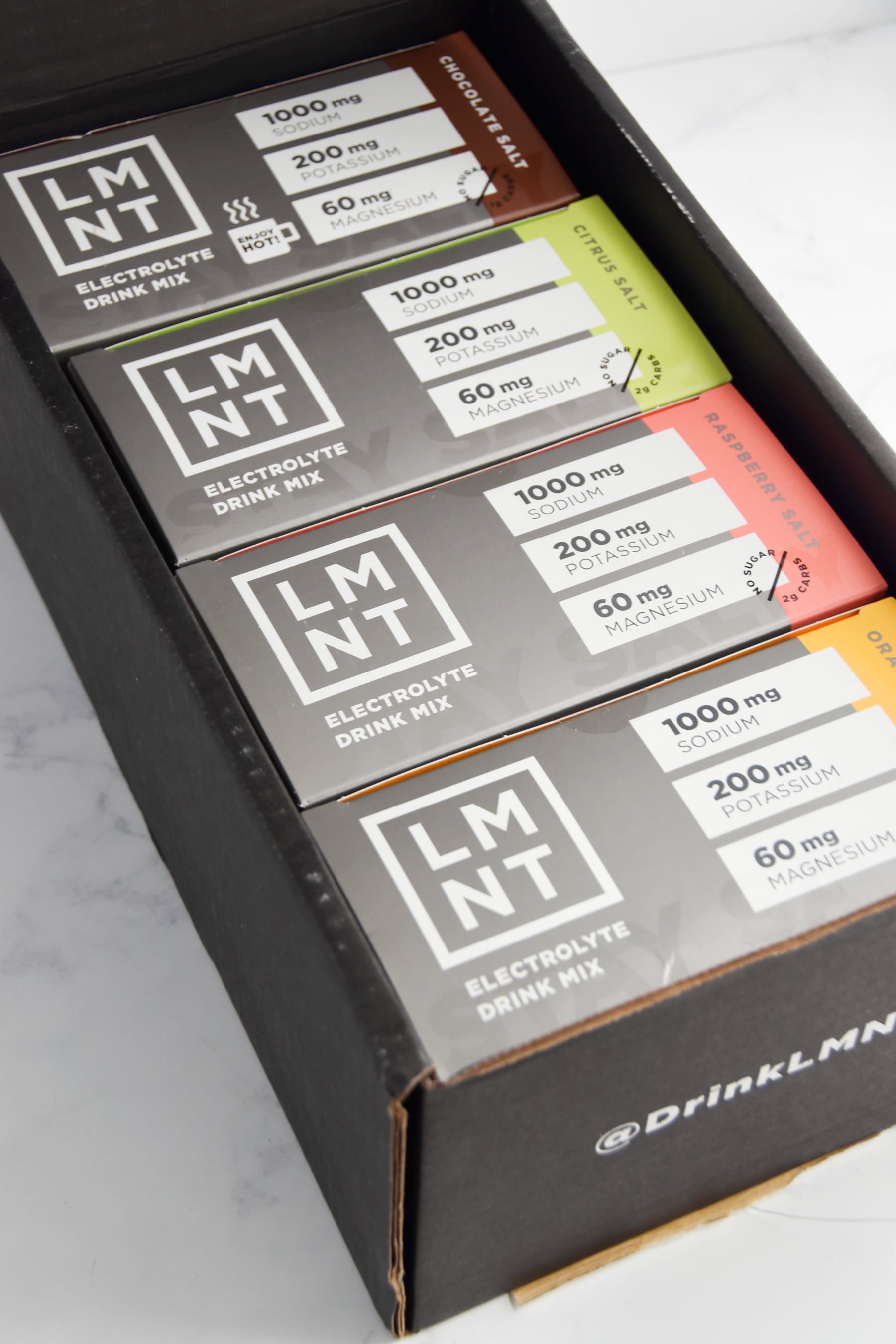 Order of four boxes of LMNT with sodium, potassium, and magnesium.