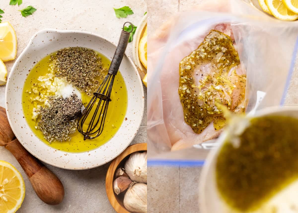 The chicken marinade whisked together, and then poured over the chicken in the bag.