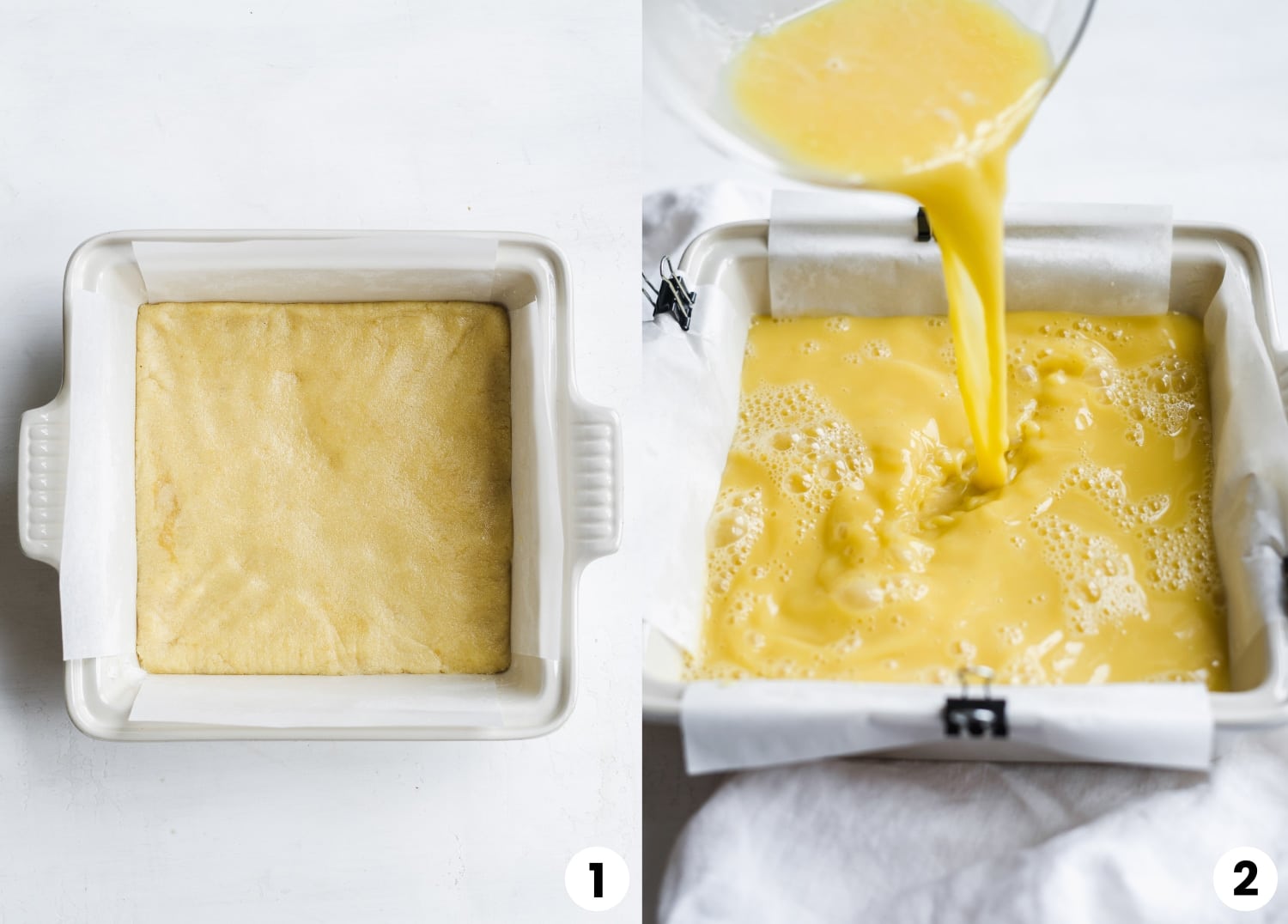 How to make the recipe, including baking the crust and pouring the lemon curd on top of the crust.