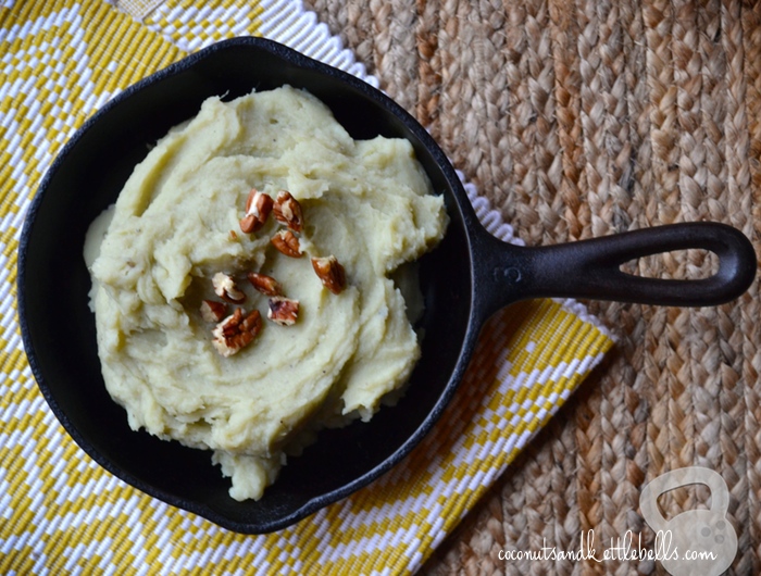 A bowl with mashed Japanese sweet potatoes. 