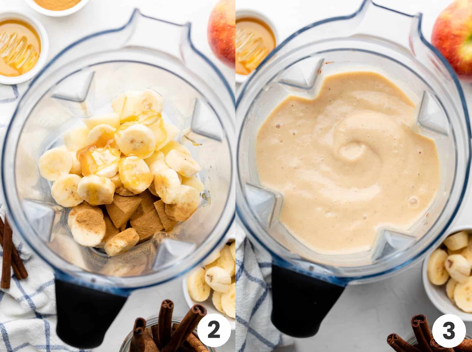Side. by side look at the ingredients in a blender, and then an apple banana smoothie blended. 