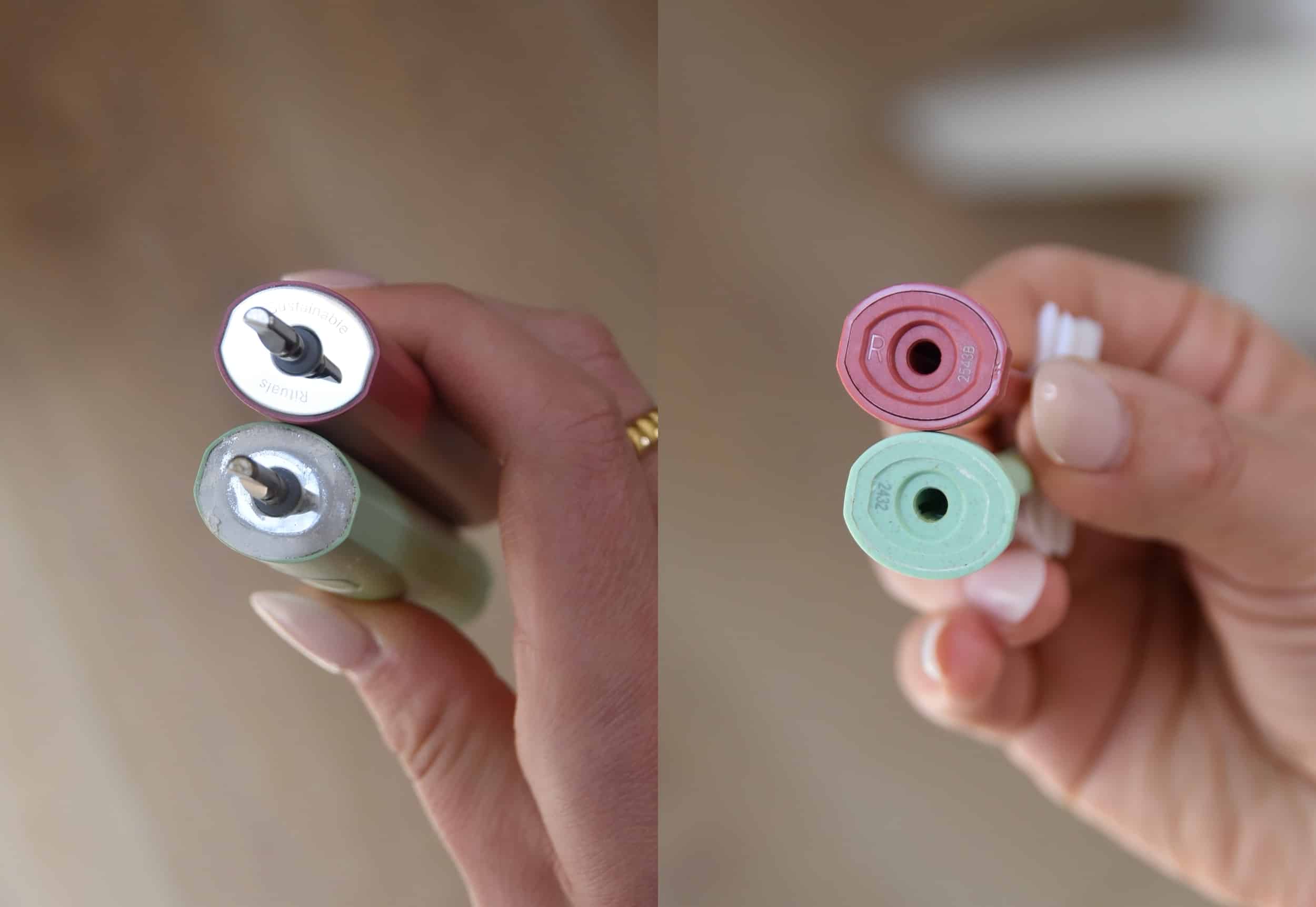 Showing what the toothbrush heads and handle looks like new vs after a couple of months of use.