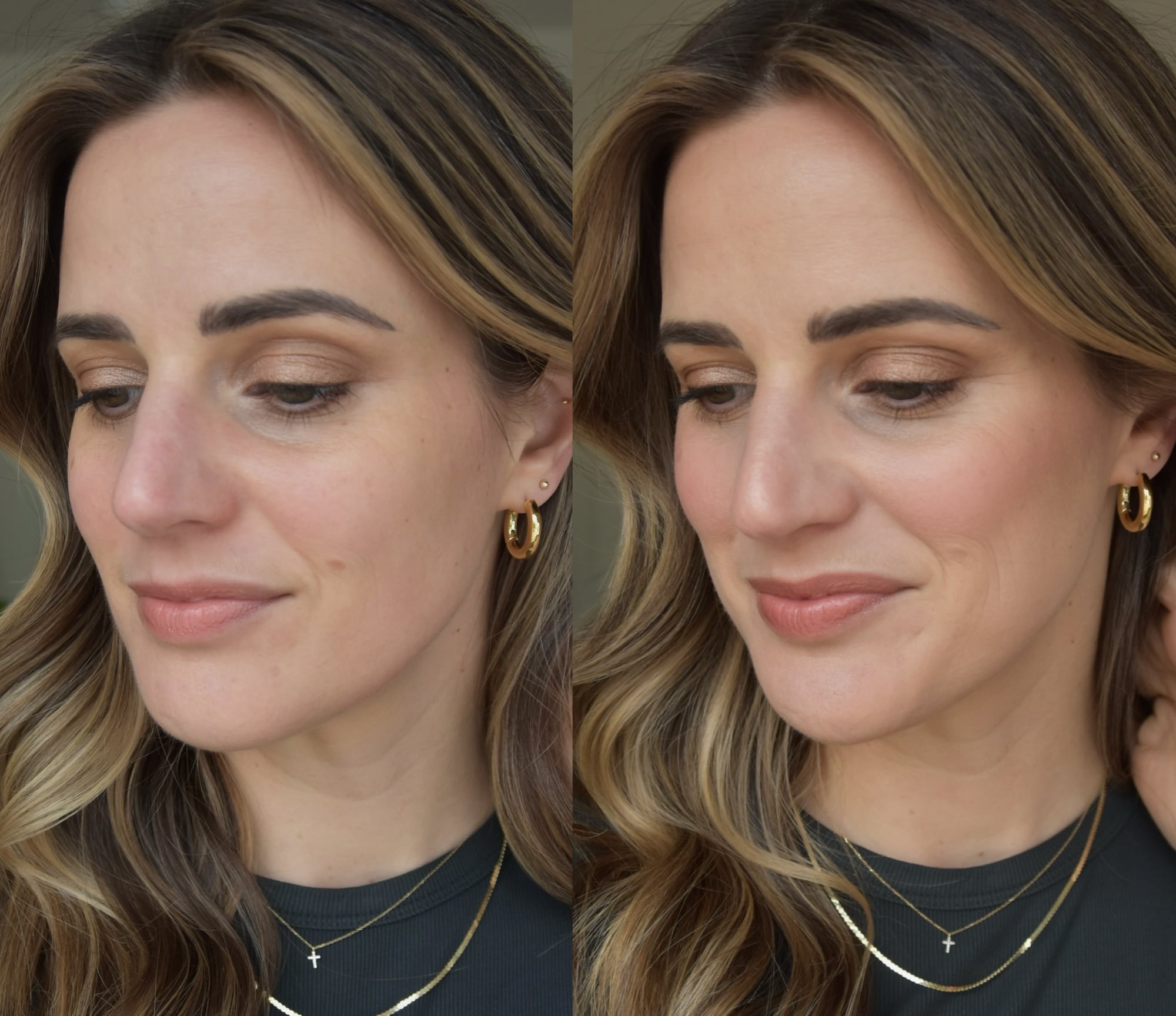 A close up of Noelle's skin to review the before and after of ILIA beauty's super serum skin tint on skin in natural lighting.