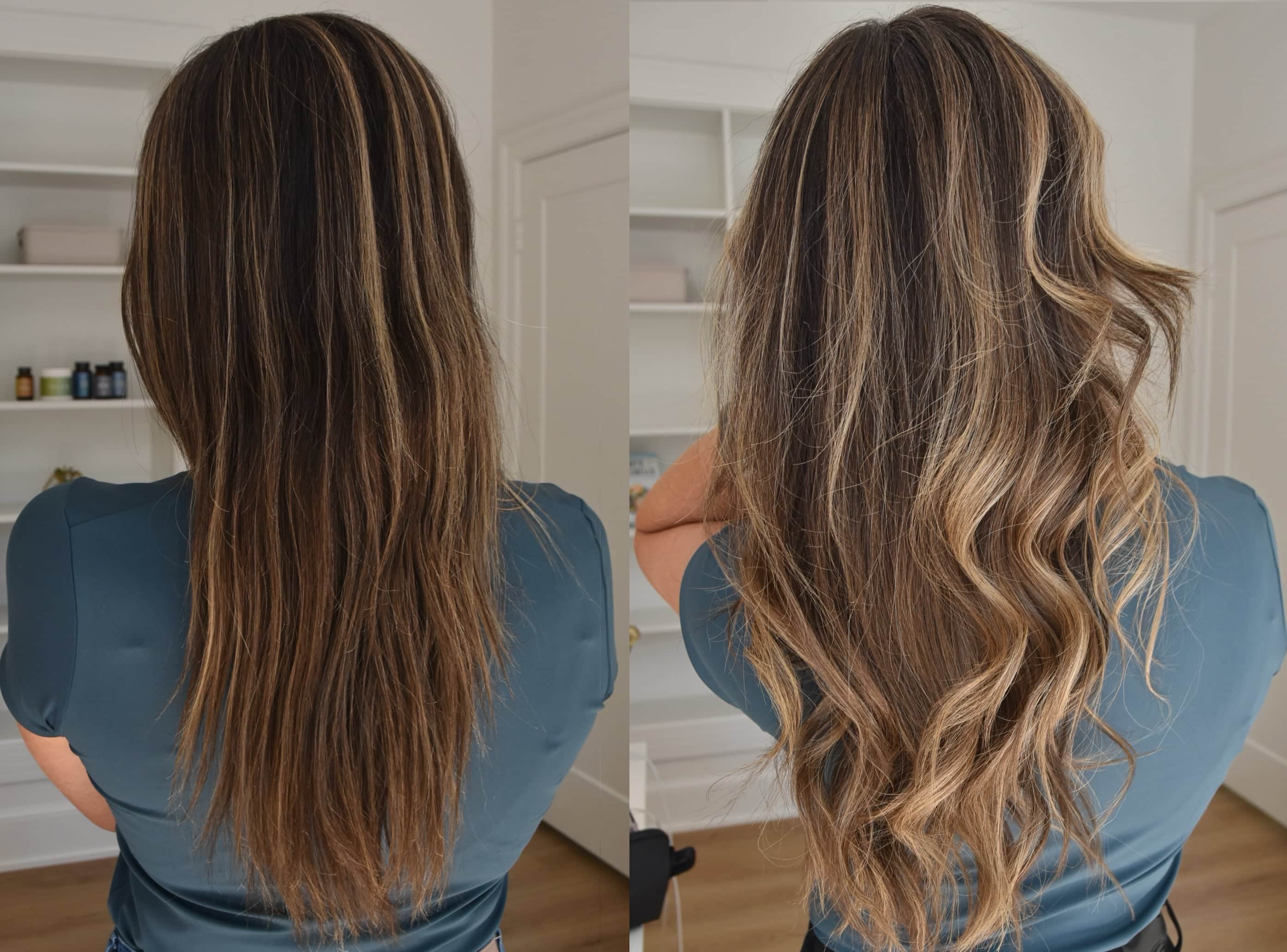 Two photos side by side showing the before and after of using Innersense hair products.