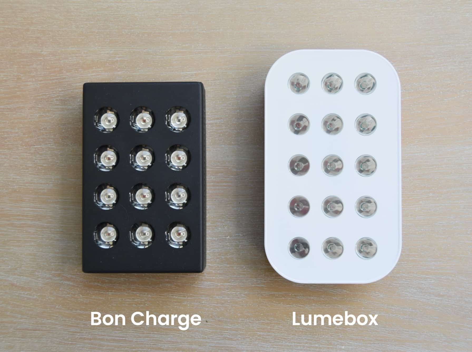 Comparing the Lumebox vs Bon Charge red light therapy devices side by side.