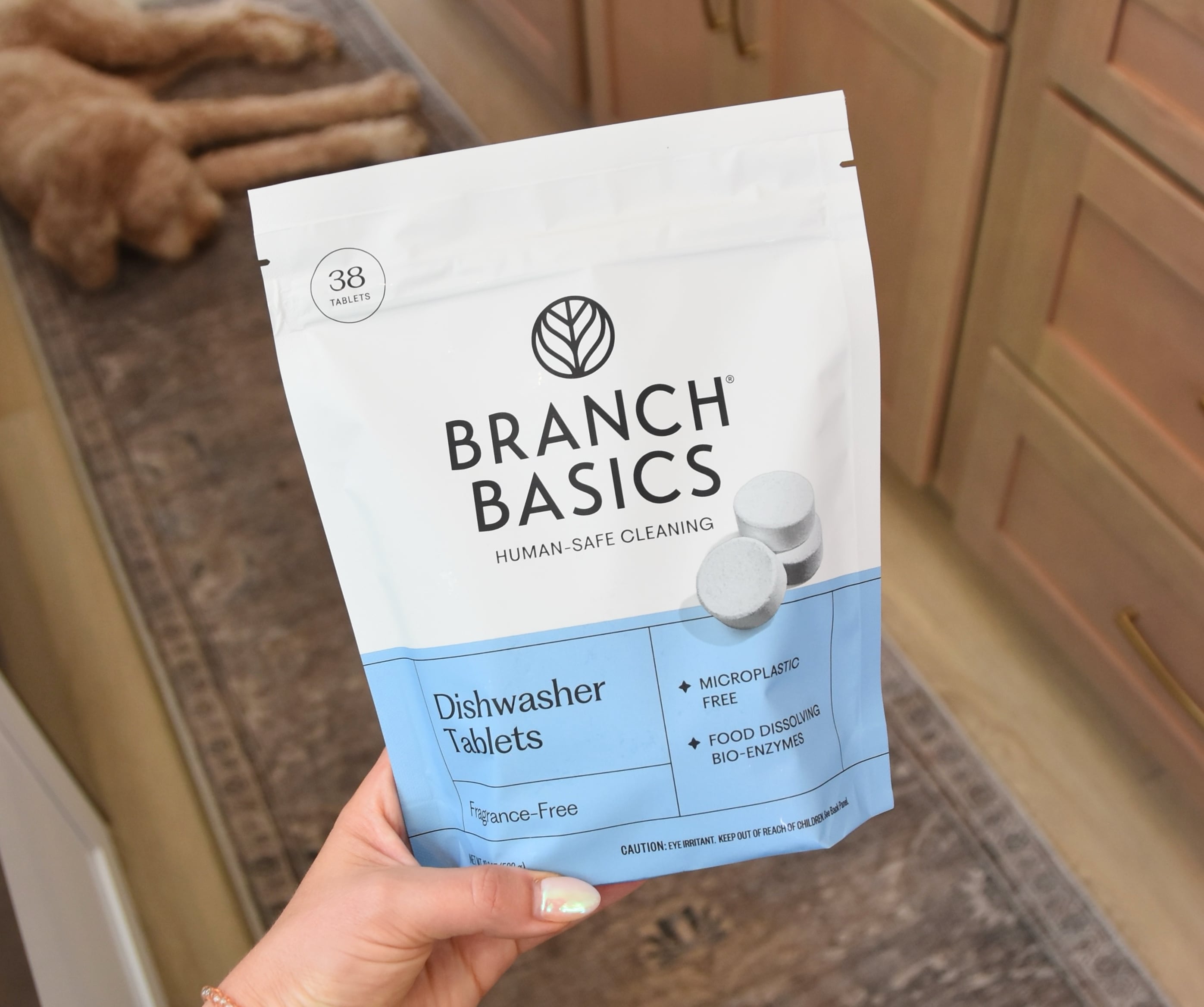 A closer look at the bag of the dishwasher tablets.
