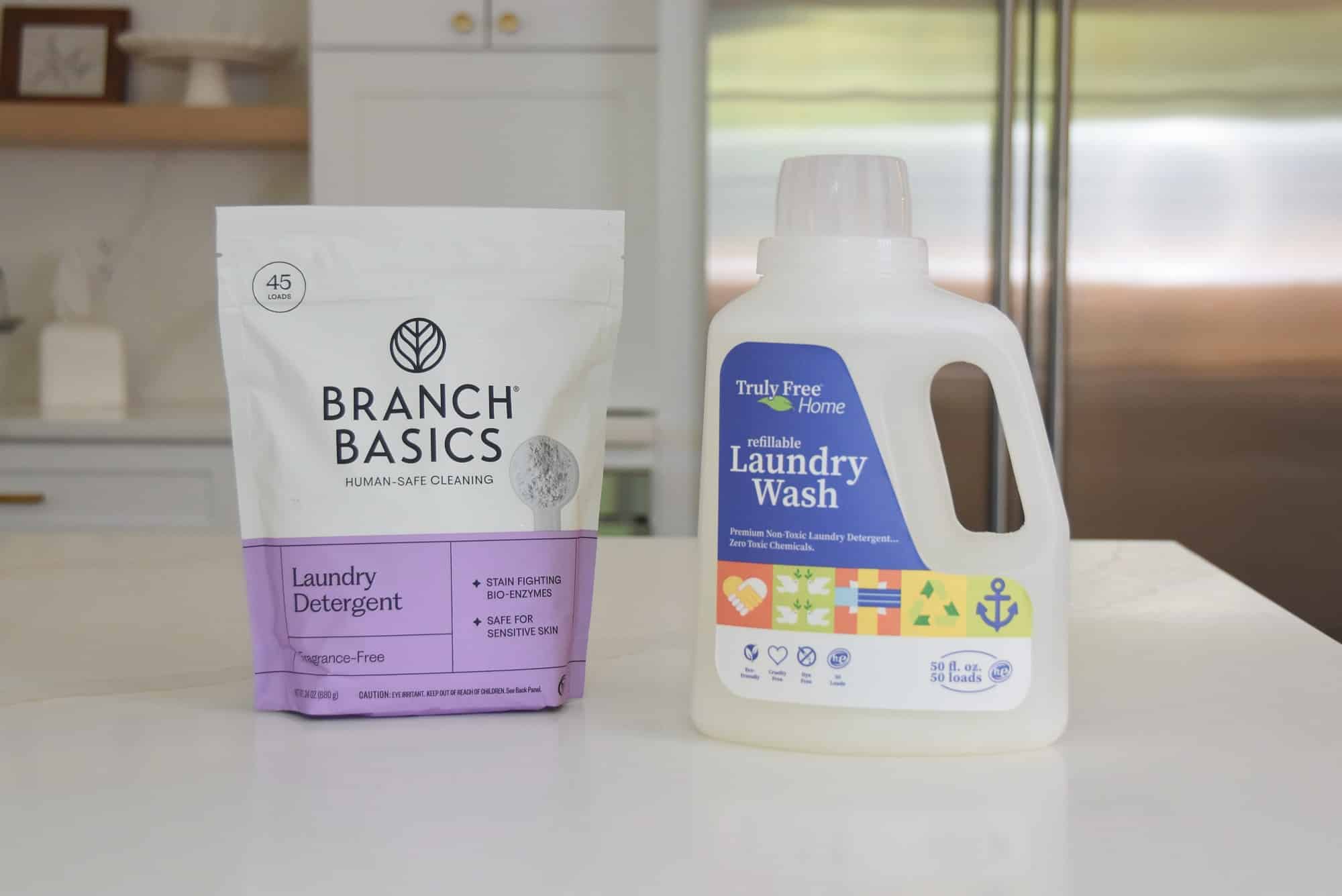 The branch basics laundry detergent and the truly free laundry detergent side by side for comparison.