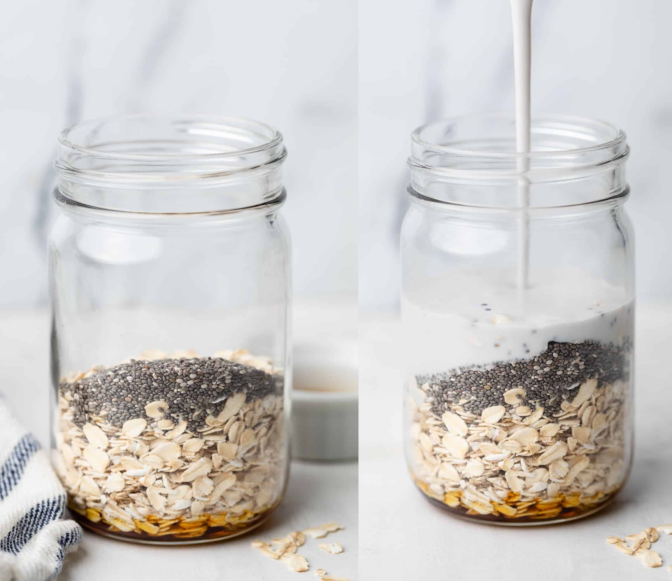 Adding the oats, coconut milk, maple syrup, and chia seeds to a bowl jar. 