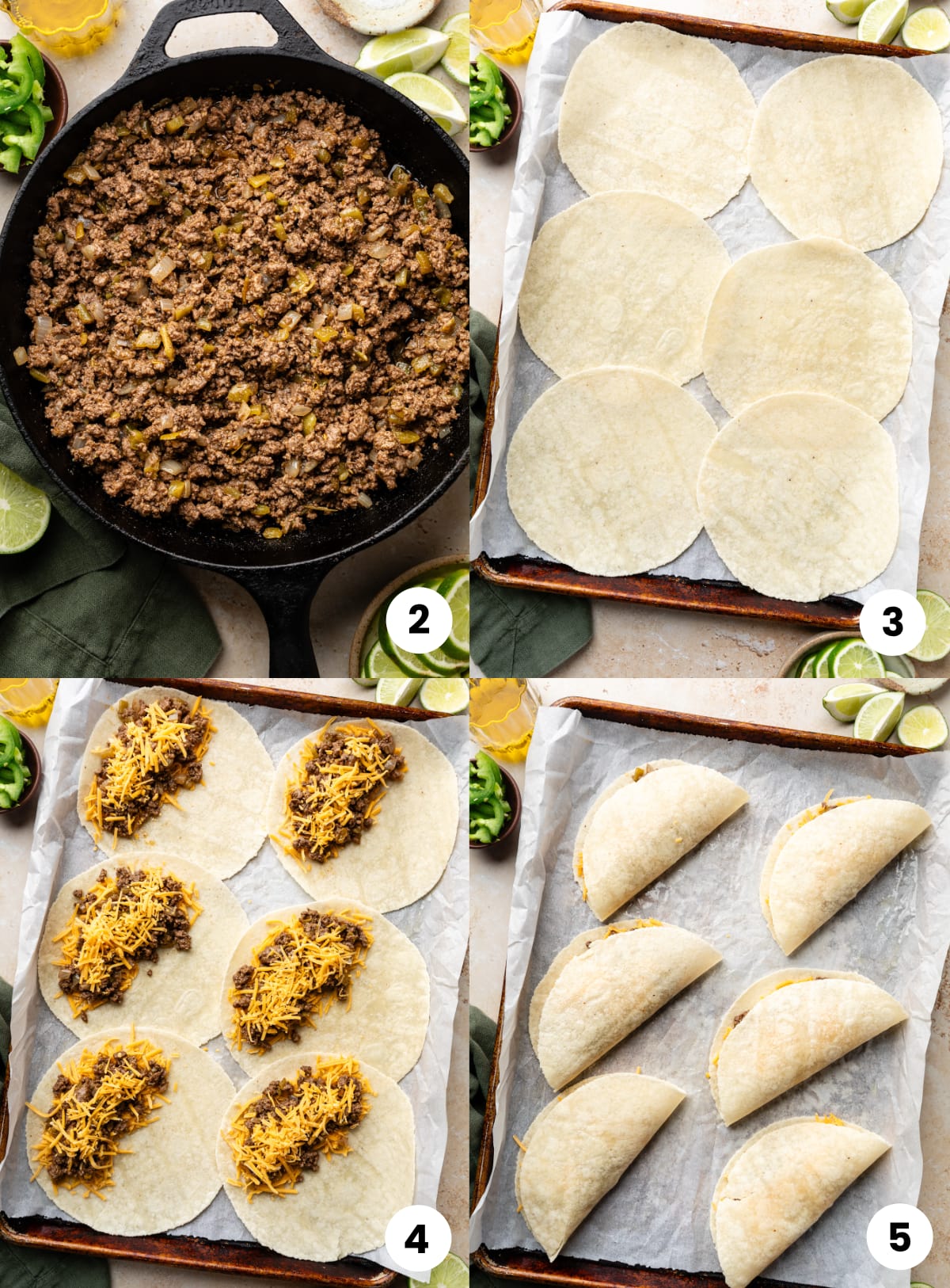 Steps for how to make the recipe, including browning the meat, laying the tortillas on the sheet pan, layering the cheese and meat, and folding them over to bake.