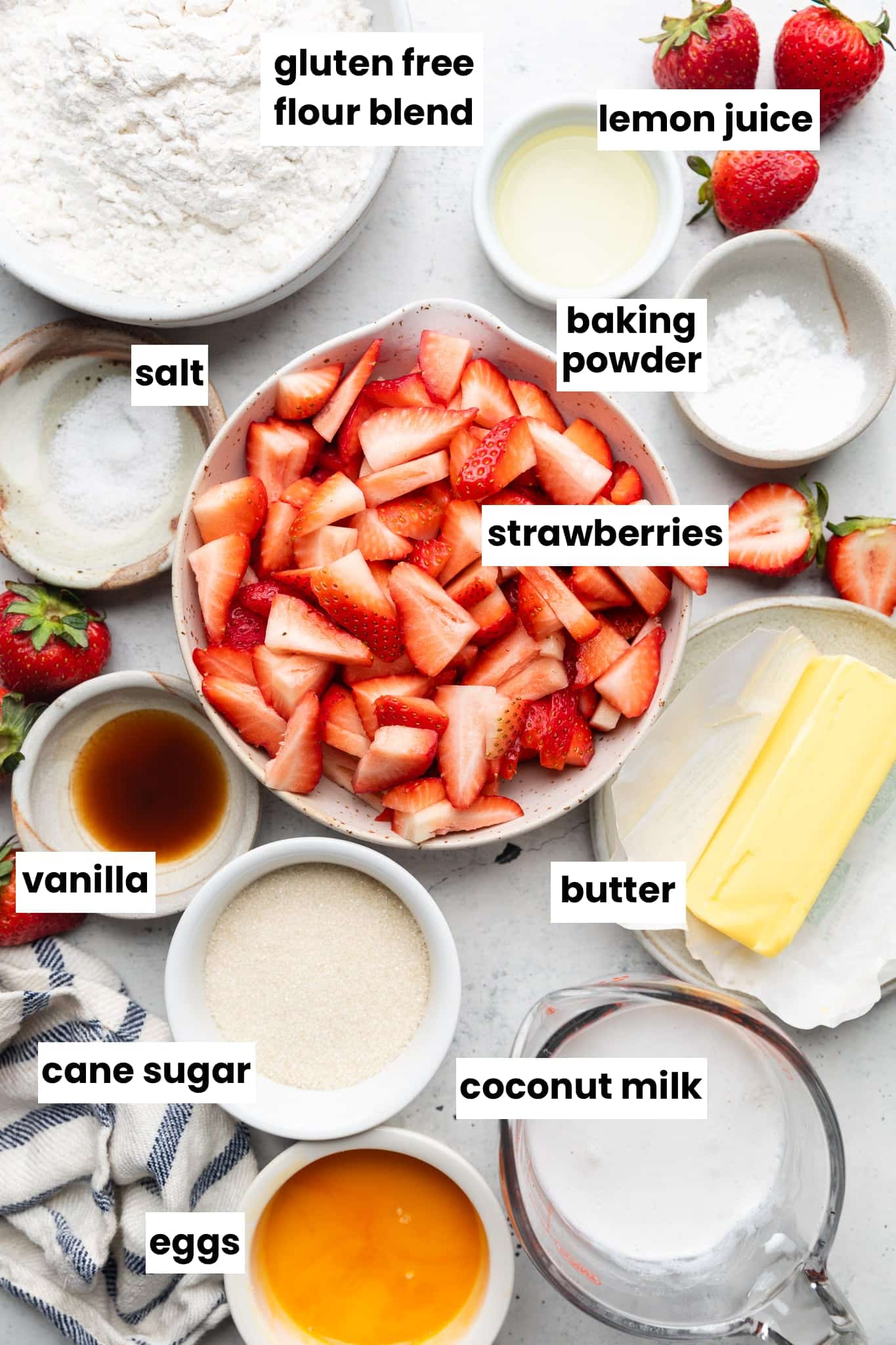 Bowl of ingredients including strawberries, butter, sugar, and milk.