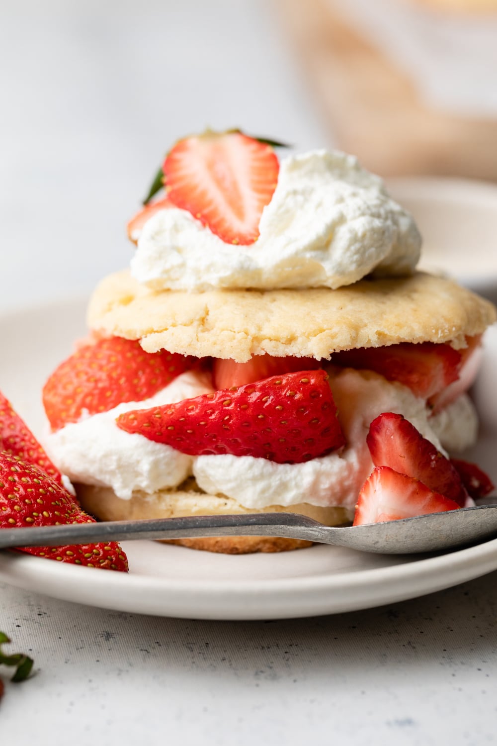 Close up of strawberries in a shortcake.
