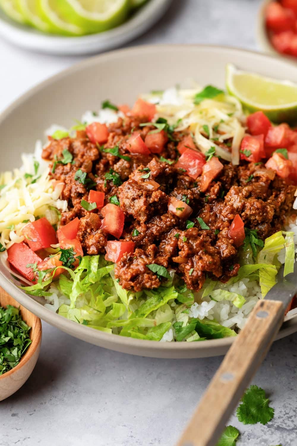 Plated ground beef taco meat served over taco ingredients and rice, and a fork.
