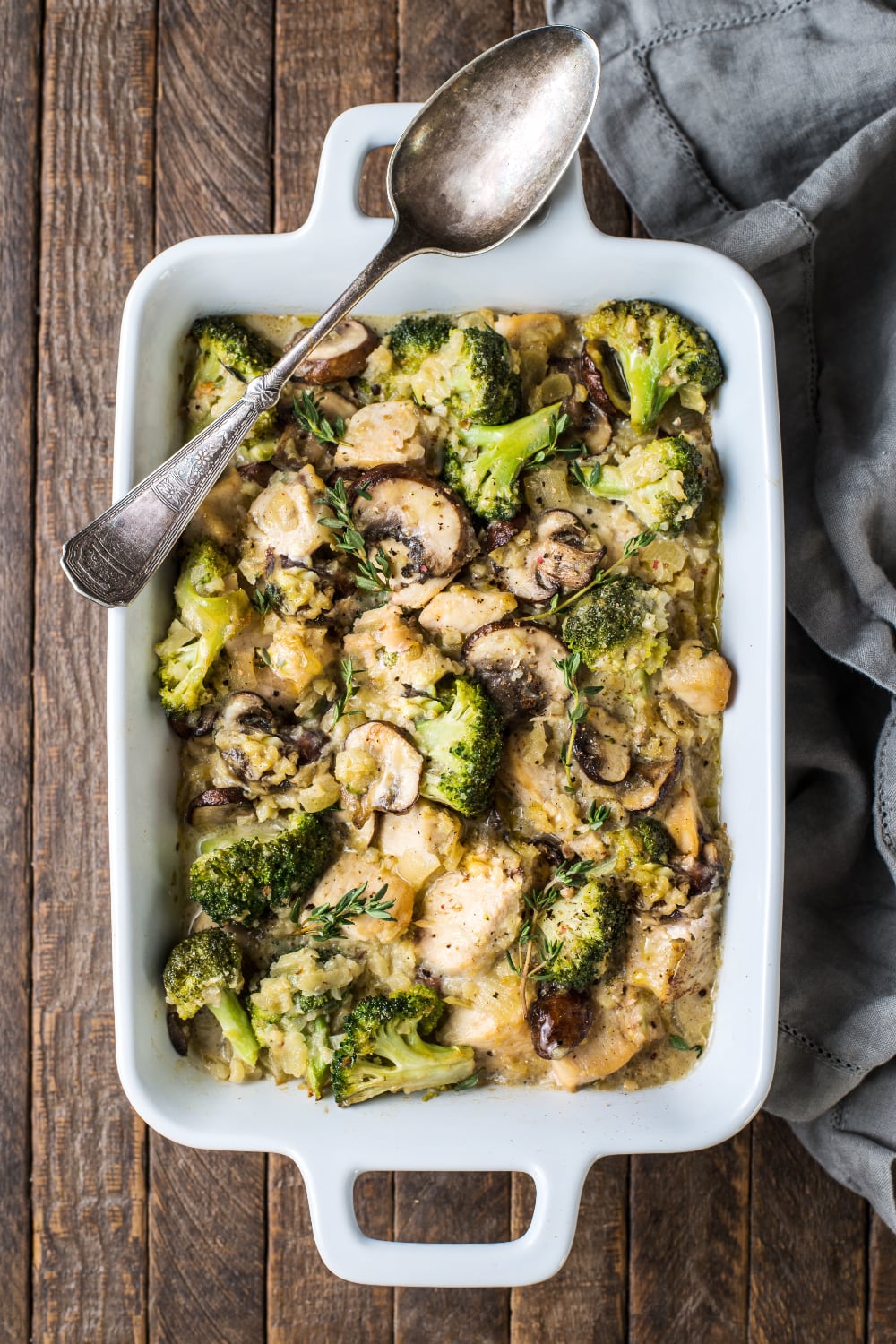 Cooked healthy chicken broccoli casserole with large spoon