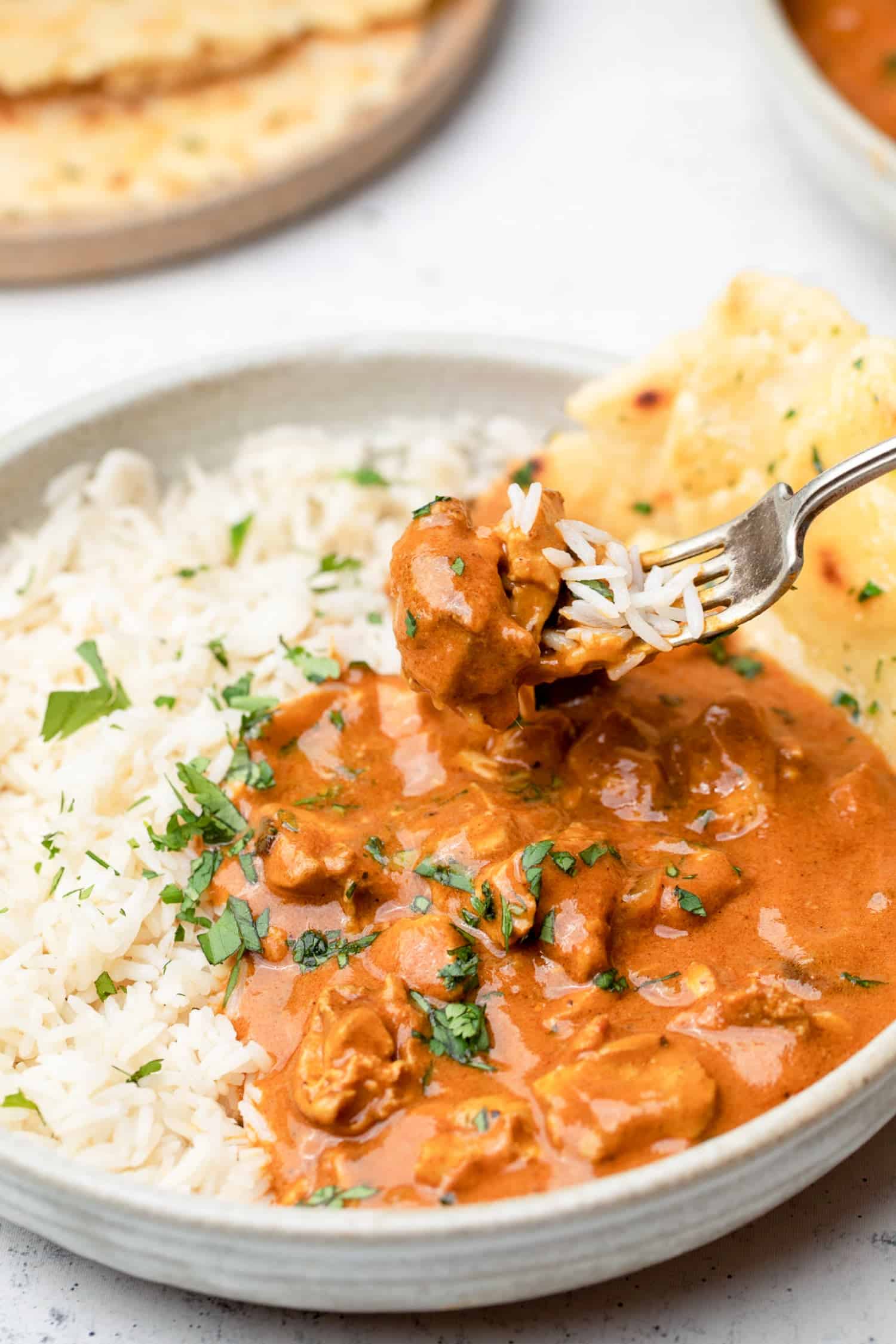 healthy chicken tikka with rice on a fork