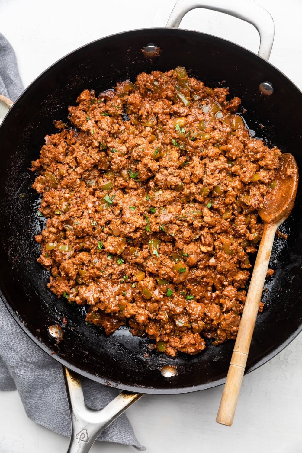 Finished healthy sloppy joes in the pan after being simmered
