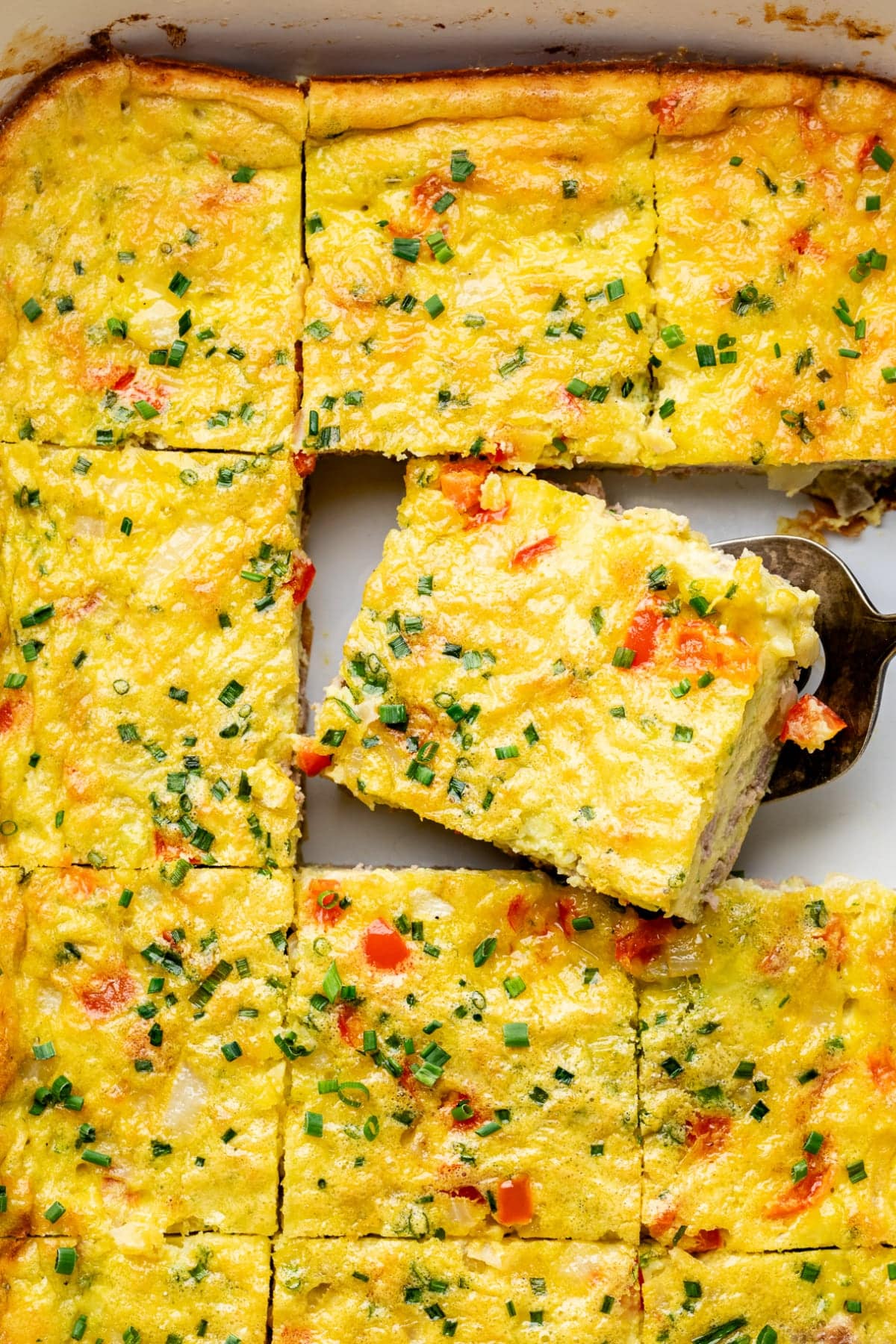 Slices of the casserole still in the pan ready to be served.