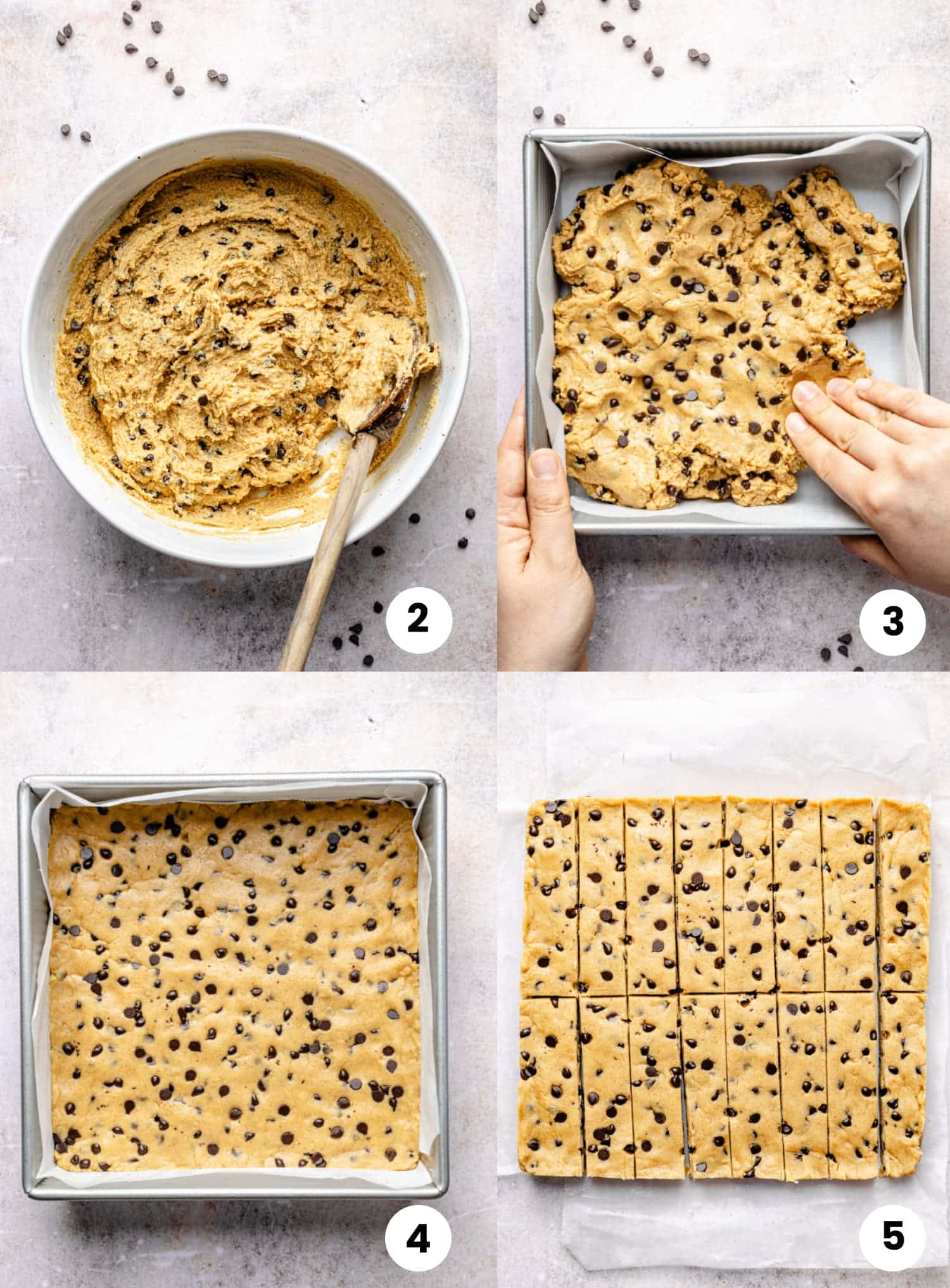 Steps for how to make the recipe, including mixing the dough, pressing it into the pan, letting it chill, and the slicing them into bars.