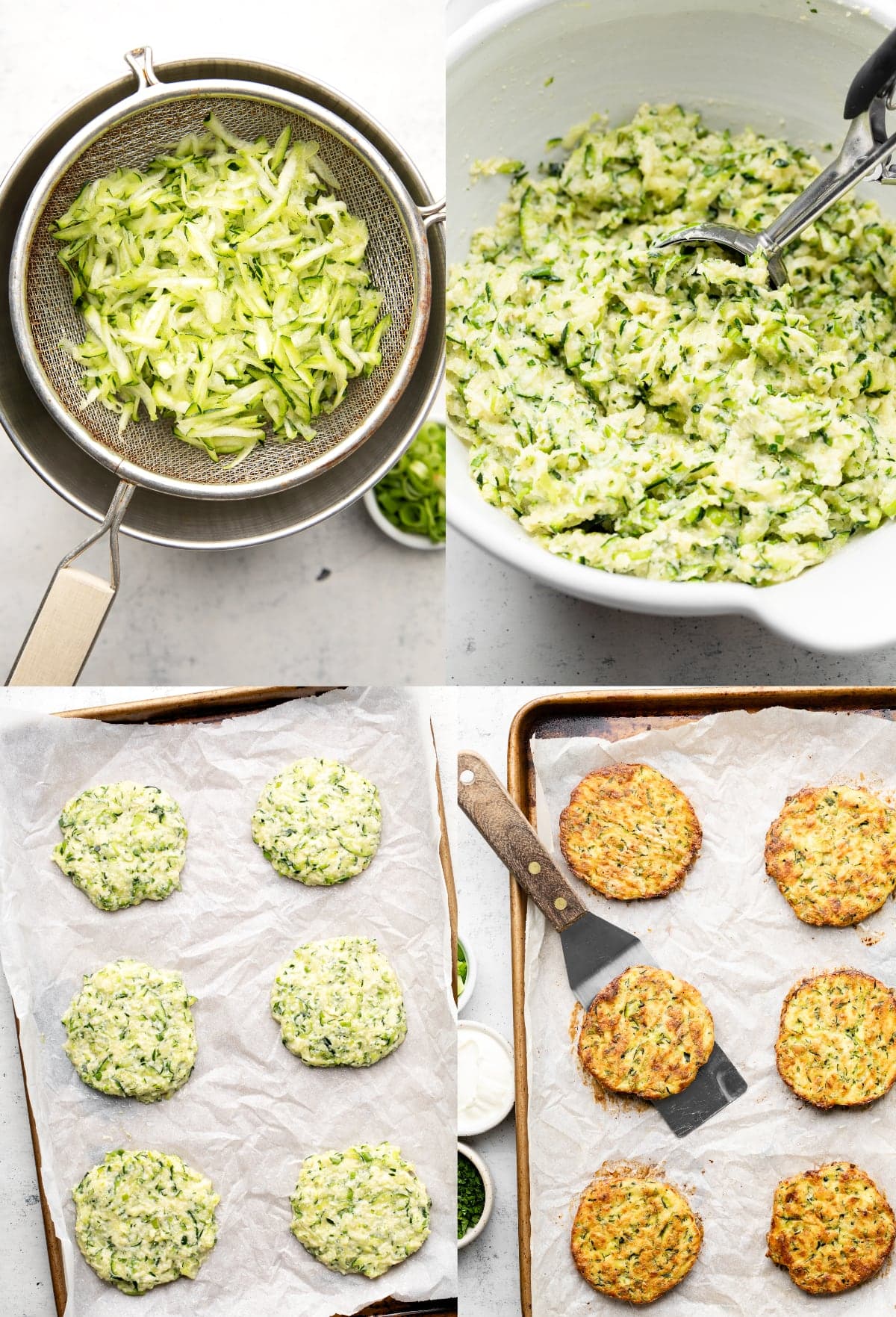 Step by step photos for how to make zucchini fritters in the oven.
