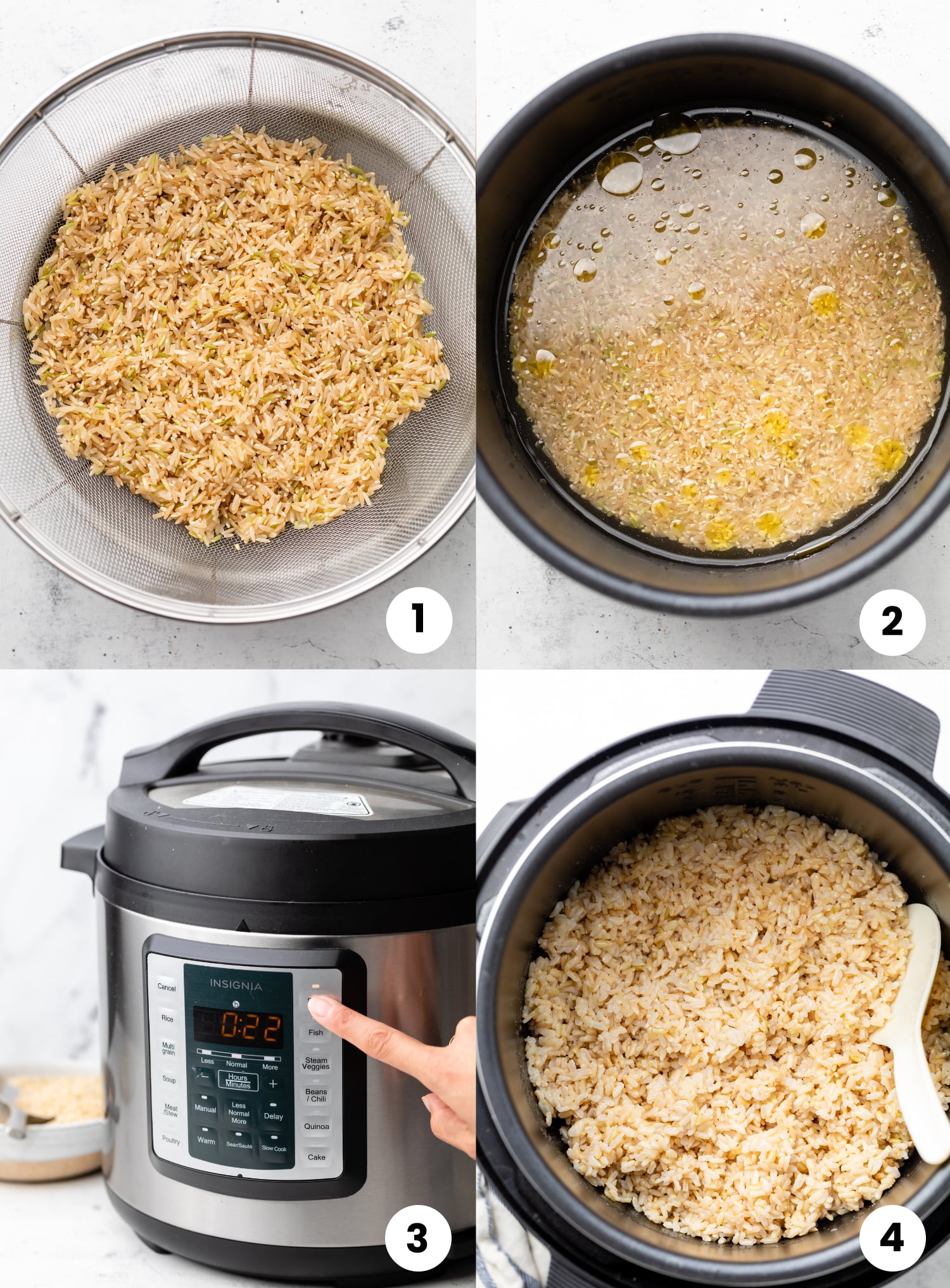 Steps for how to make the recipe, including rinsing the rice, cooking it in the instant pot, and fluffing the rice.
