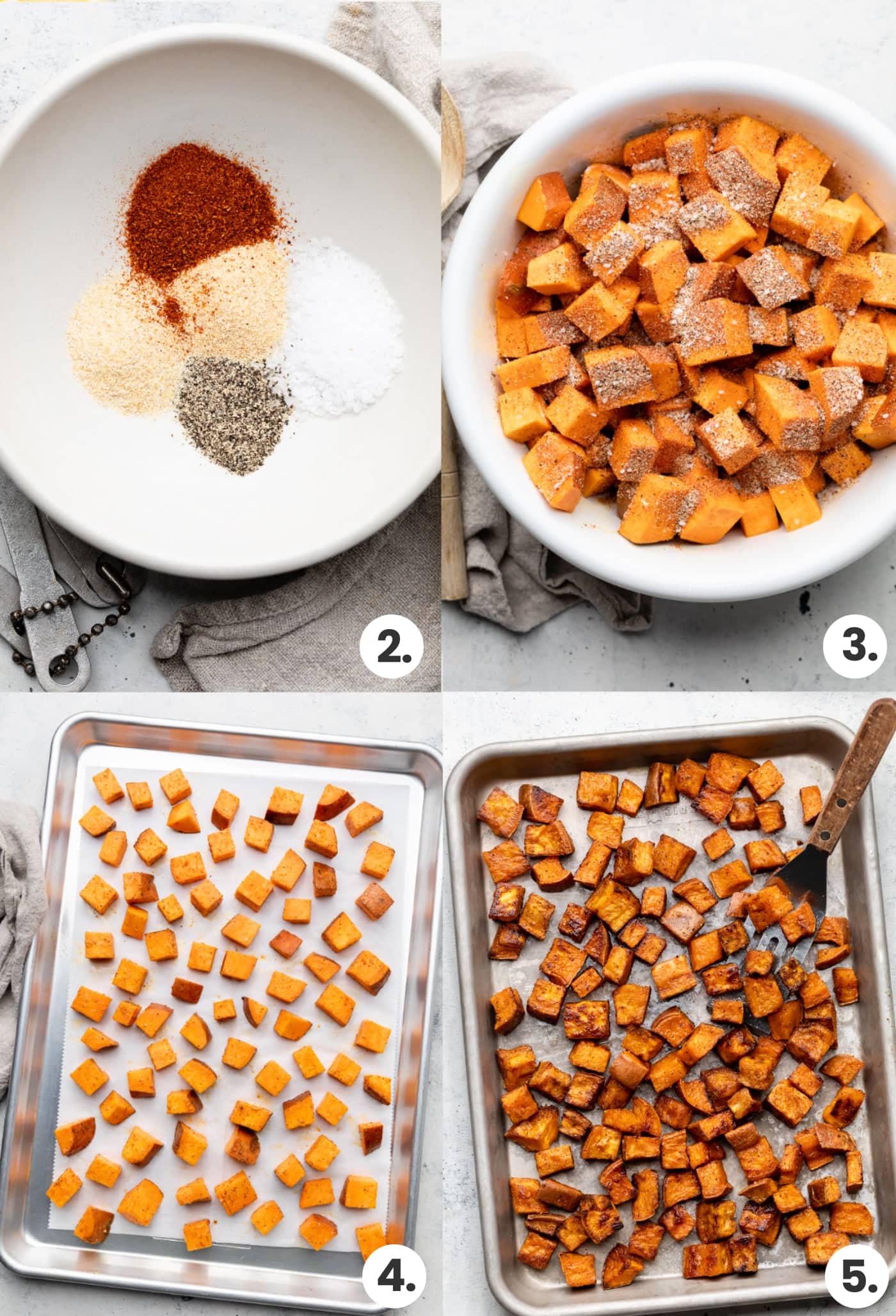 Step by step instructions for how to mix the spices and roast the sweet potatoes.