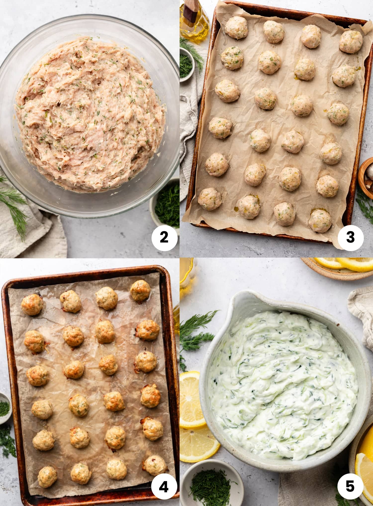 Step by step for how to make the recipe, including mixing up the ground chicken meat, rolling them into balls and placing them on a pan, baking them, and making the Tzatziki sauce.