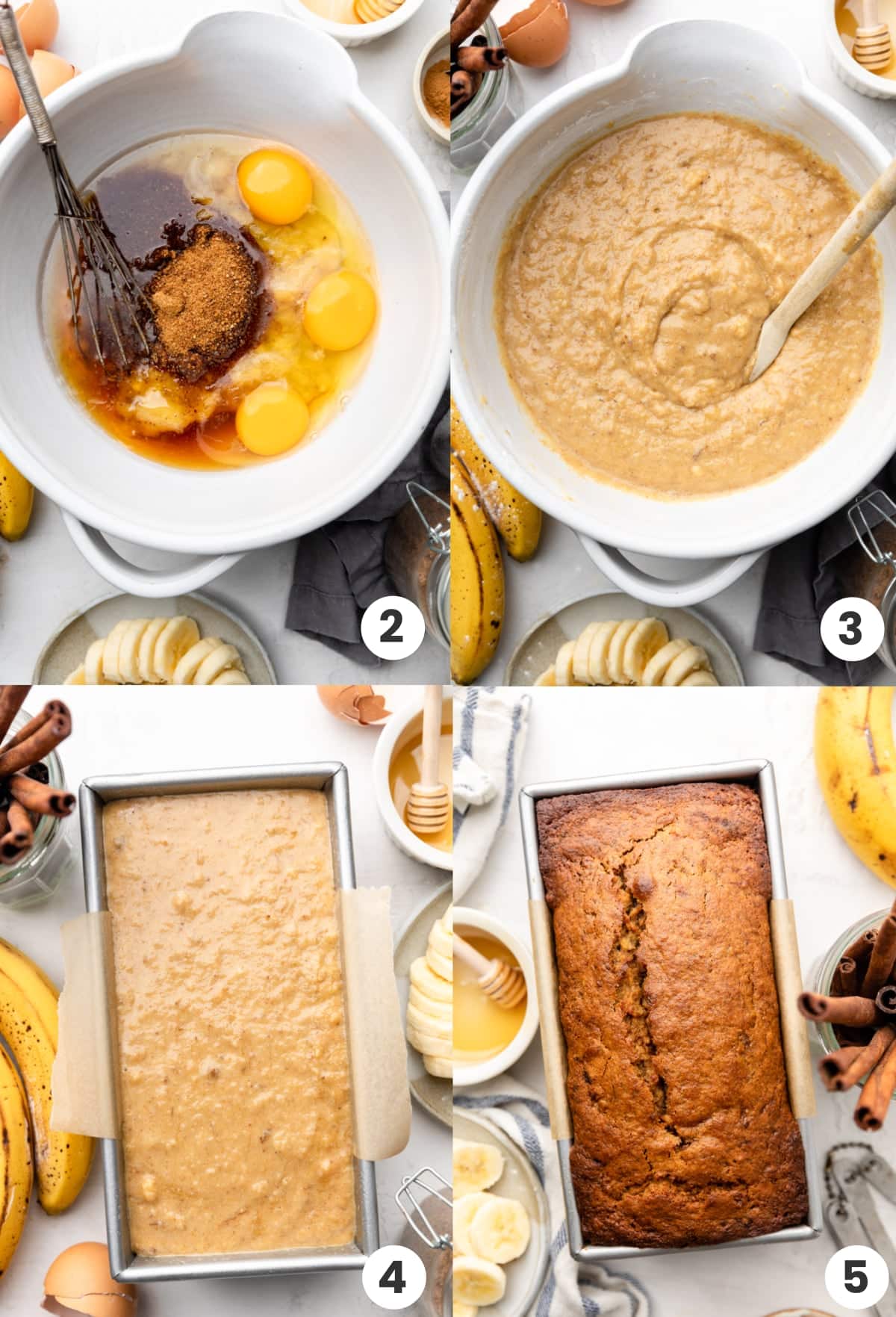 steps for how to make paleo banana bread, including whisking the wet ingredients, mixing up the batter, transferring it into the pan, and baking it.