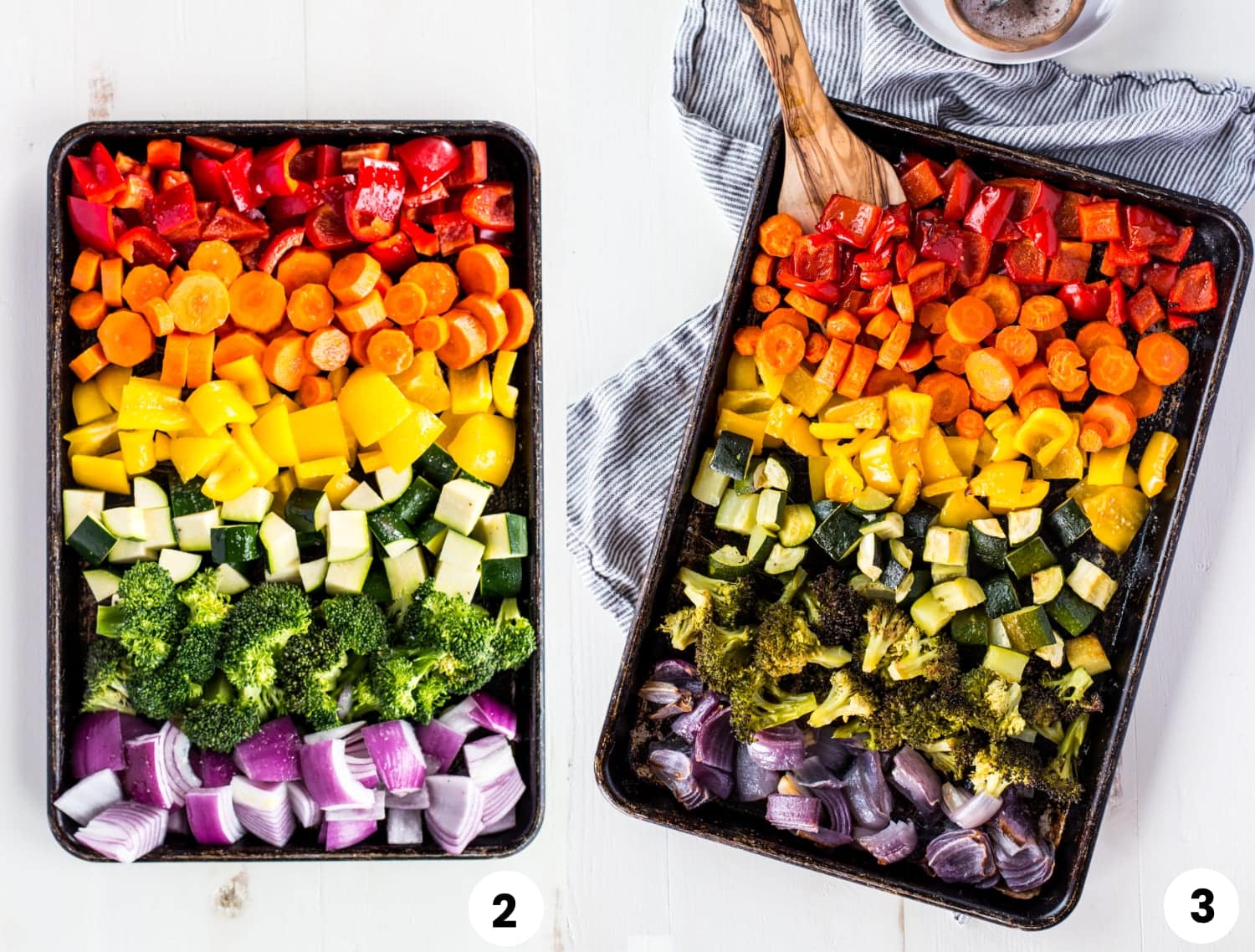The vegetables on the sheet pan before and after being roasted in the oven.
