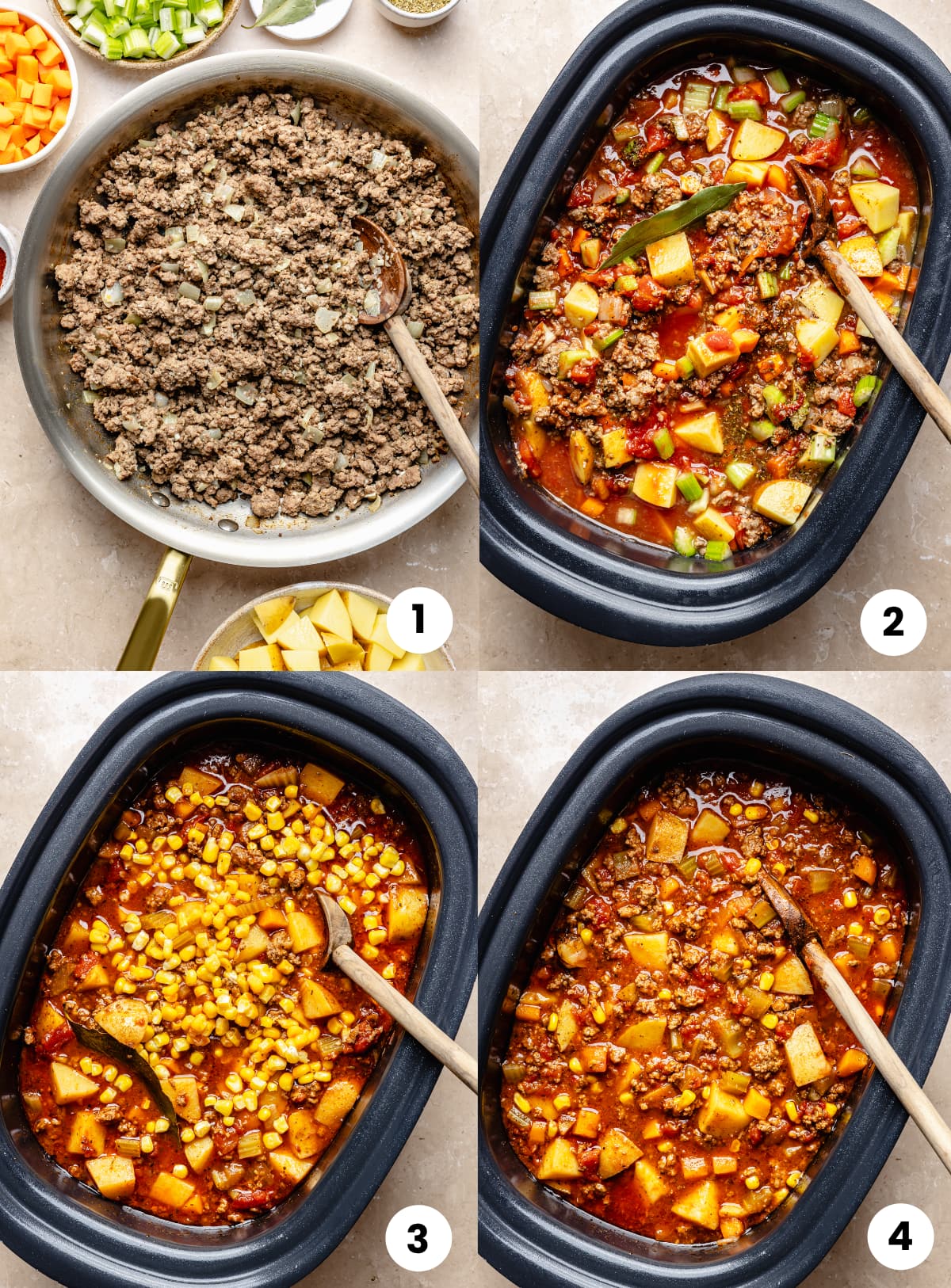 Steps for how to make the recipes, including cooking the ground beef in the pan, transferring all of the ingredients to the slow cooker, adding the corn to the slow cooker at the end, and then the soup cooked at the end in the slow cooker.