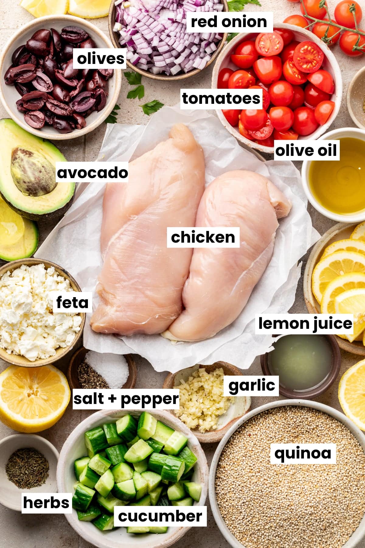 Ingredients in the recipe, including quinoa, chicken, lemon juice, red onion, olives, tomatoes, olive oil, avocado, feta, salt, pepper, garlic, cucumber, thyme, and oregano.