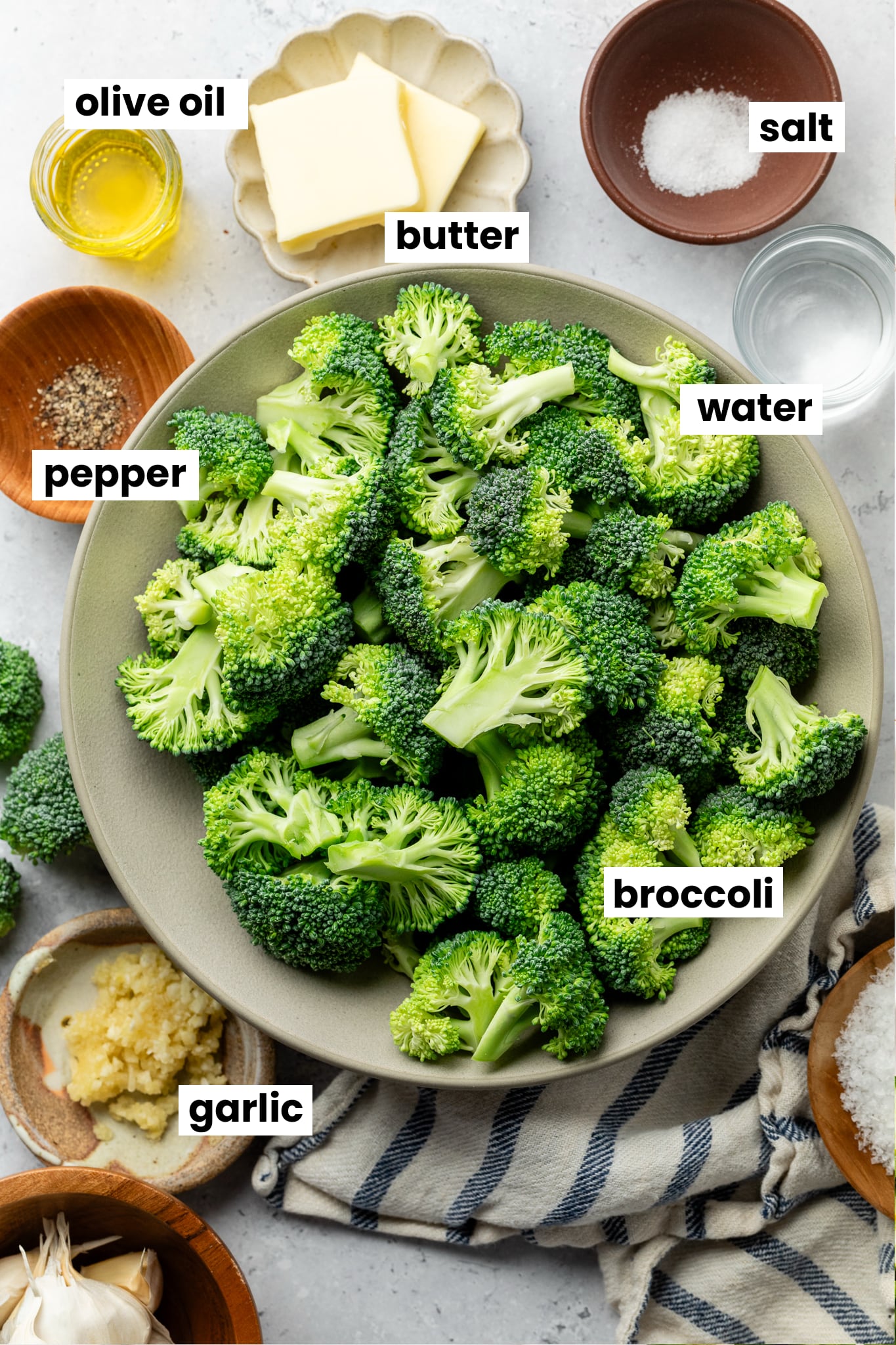 Ingredients in the recipe, including broccoli, garlic, butter, olive oil, salt, water and pepper.