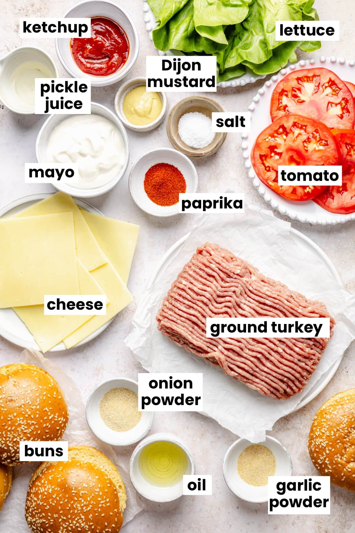 Ingredients in the recipe, including ground turkey, cheese, tomato, buns, lettuce, onion powder, garlic powder, oil, paprika, salt, mayo, pickle juice, Dijon mustard, and ketchup.