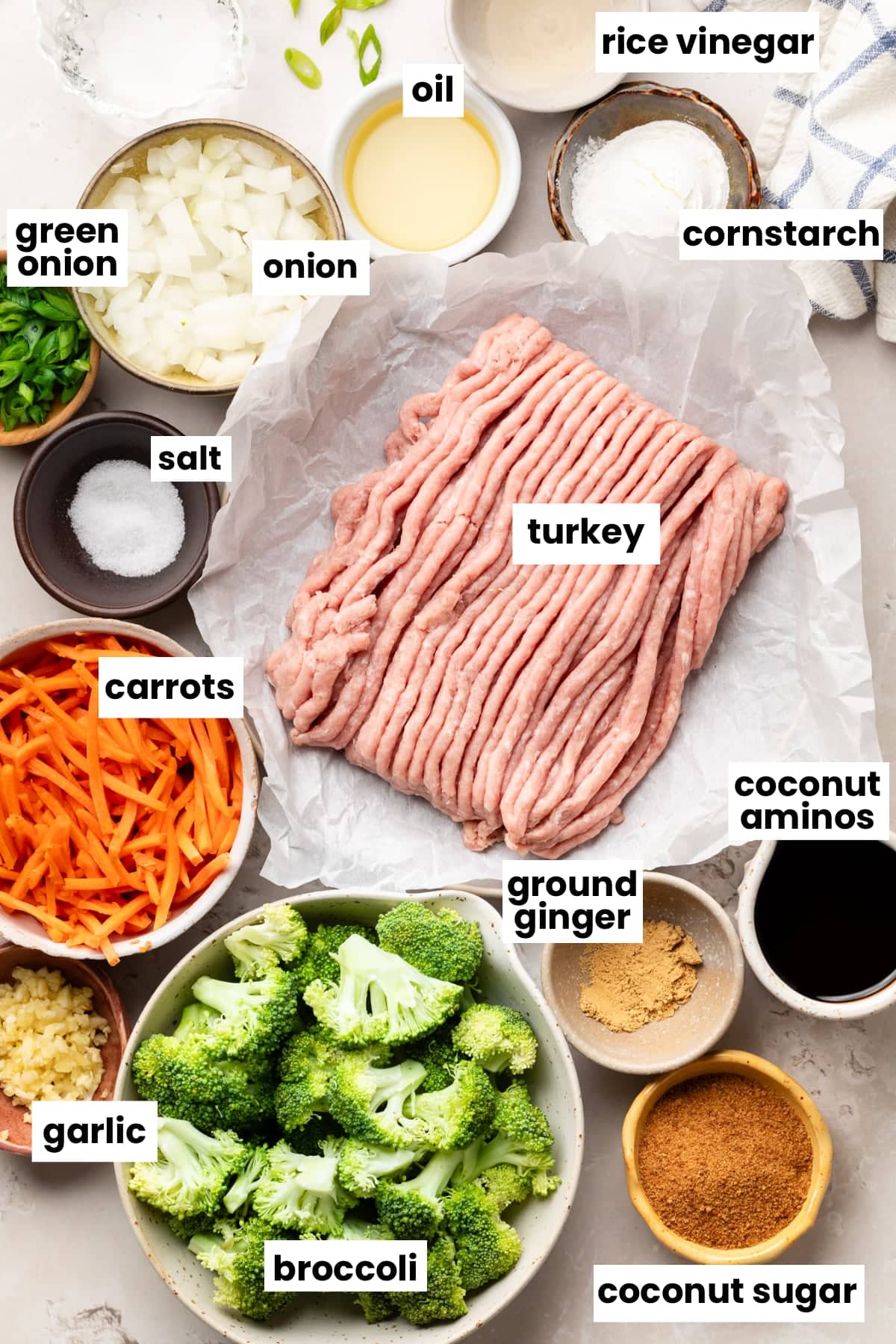 Ingredients in the recipe, including ground turkey, salt, carrots, broccoli, ground ginger, coconut aminos, onion, green onion, cornstarch, oil, rice vinegar, coconut sugar, and garlic.
