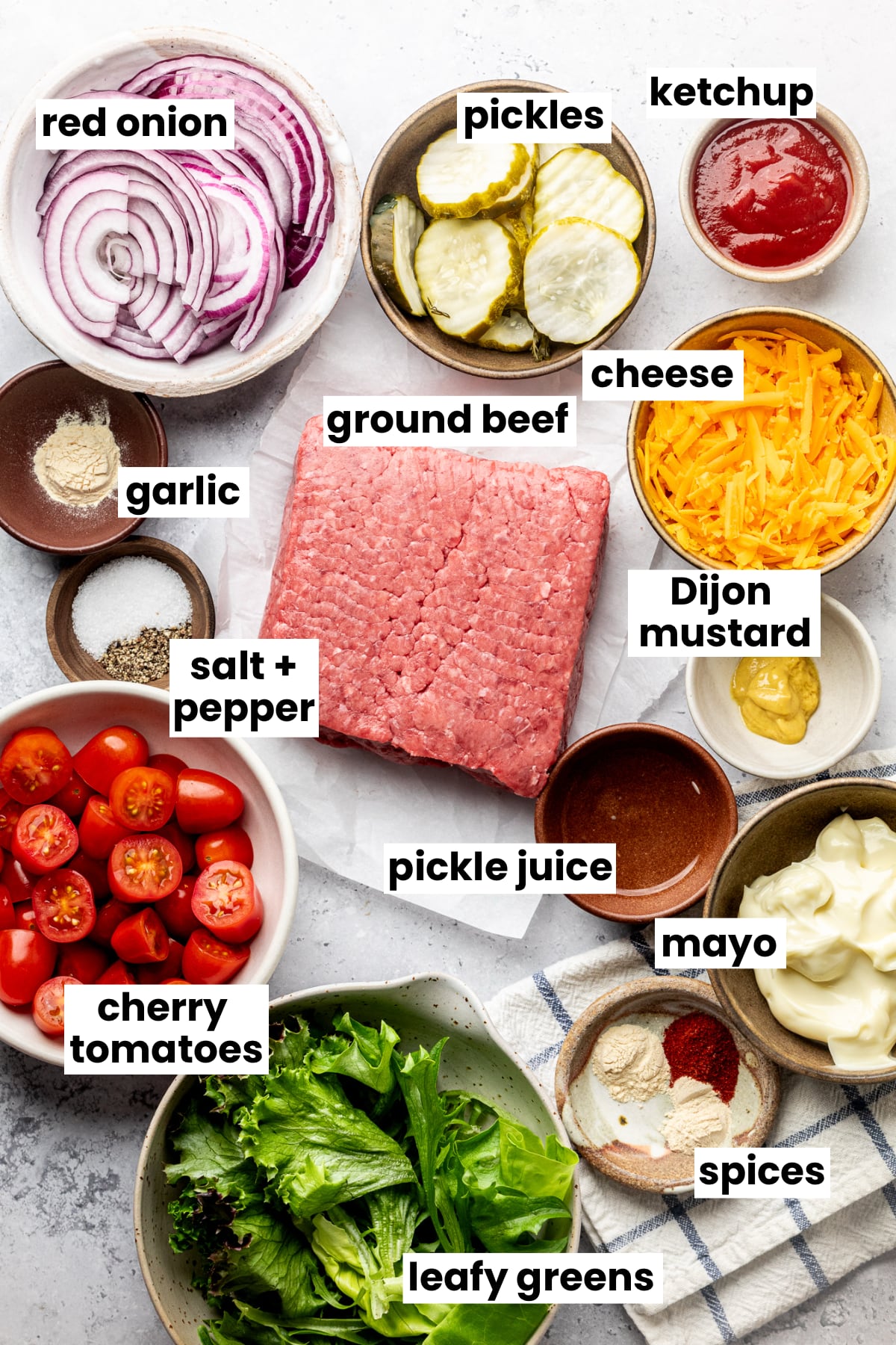 Ingredients in the recipe, including ground beef, cherry tomatoes, leafy greens, mayo, pickles, pickle juice, cheese, red onion, dijon mustard, ketchup, and spices for the special sauce.
