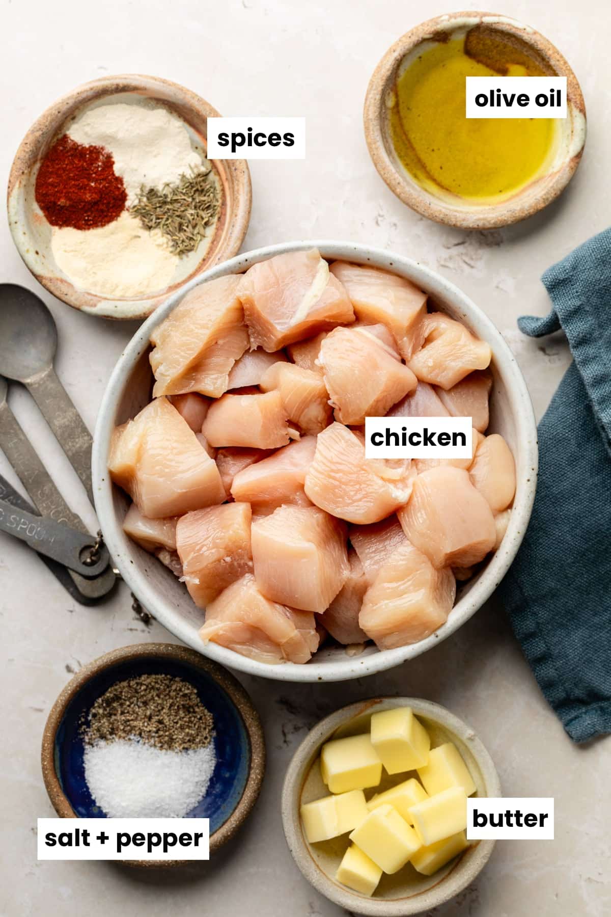 Ingredients in the recipe, including olive oil, paprika, thyme, garlic powder, onion powder, chicken breast, salt, pepper, and butter.