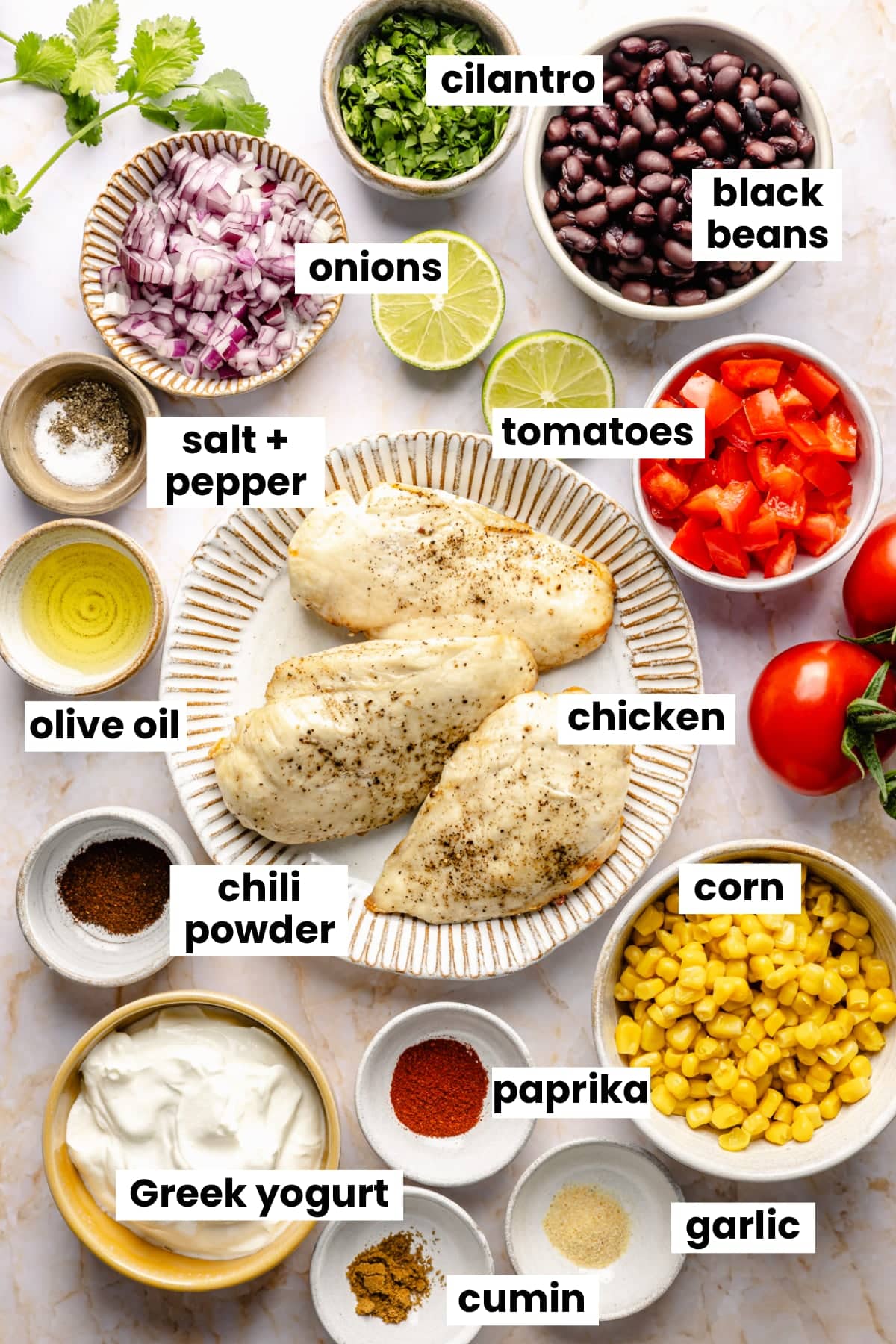 Ingredients in the recipe, including chicken, tomatoes, corn, black beans, onions, cilantro, salt, pepper, olive oil, chili powder, paprika, cumin, garlic, and greek yogurt.