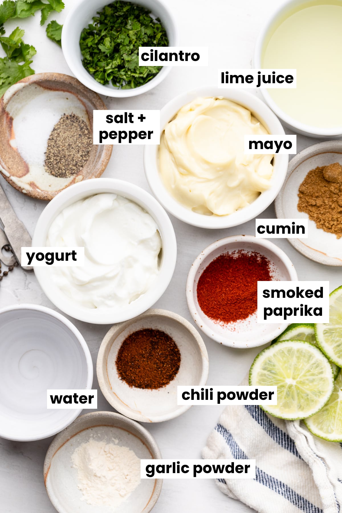 All of the ingredients for the recipe, including mayo, yogurt, cumin, chili, smoked paprika, lime juice, cilantro, garlic powder, and water. 