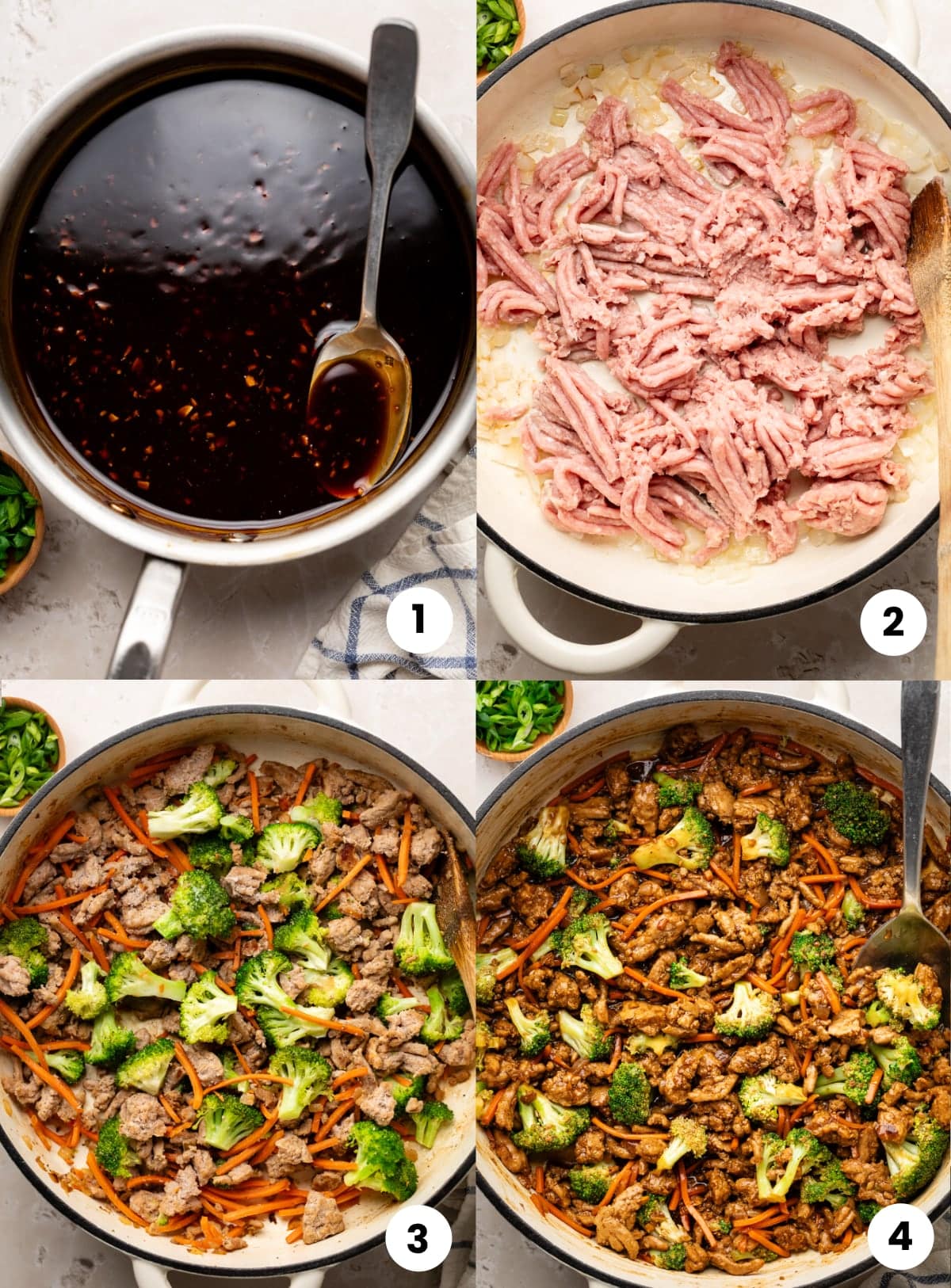 Steps for how to make the recipe, including: making the sauce in the pan, browning the turkey, adding the veggies, and then cooking everything together in the pan with the sauce.