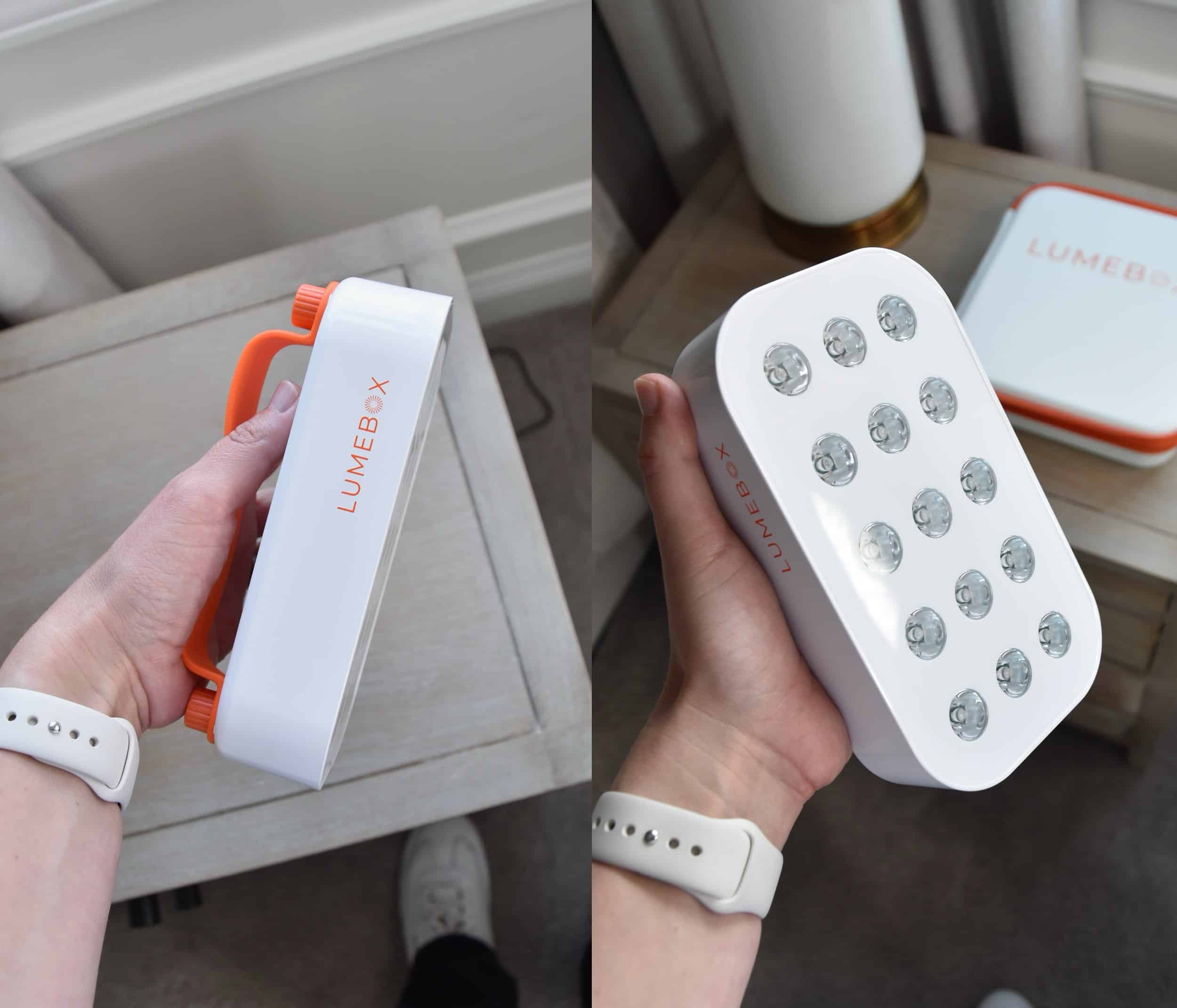 Showing what the Lumebox red light therapy device looks like from the side and front.