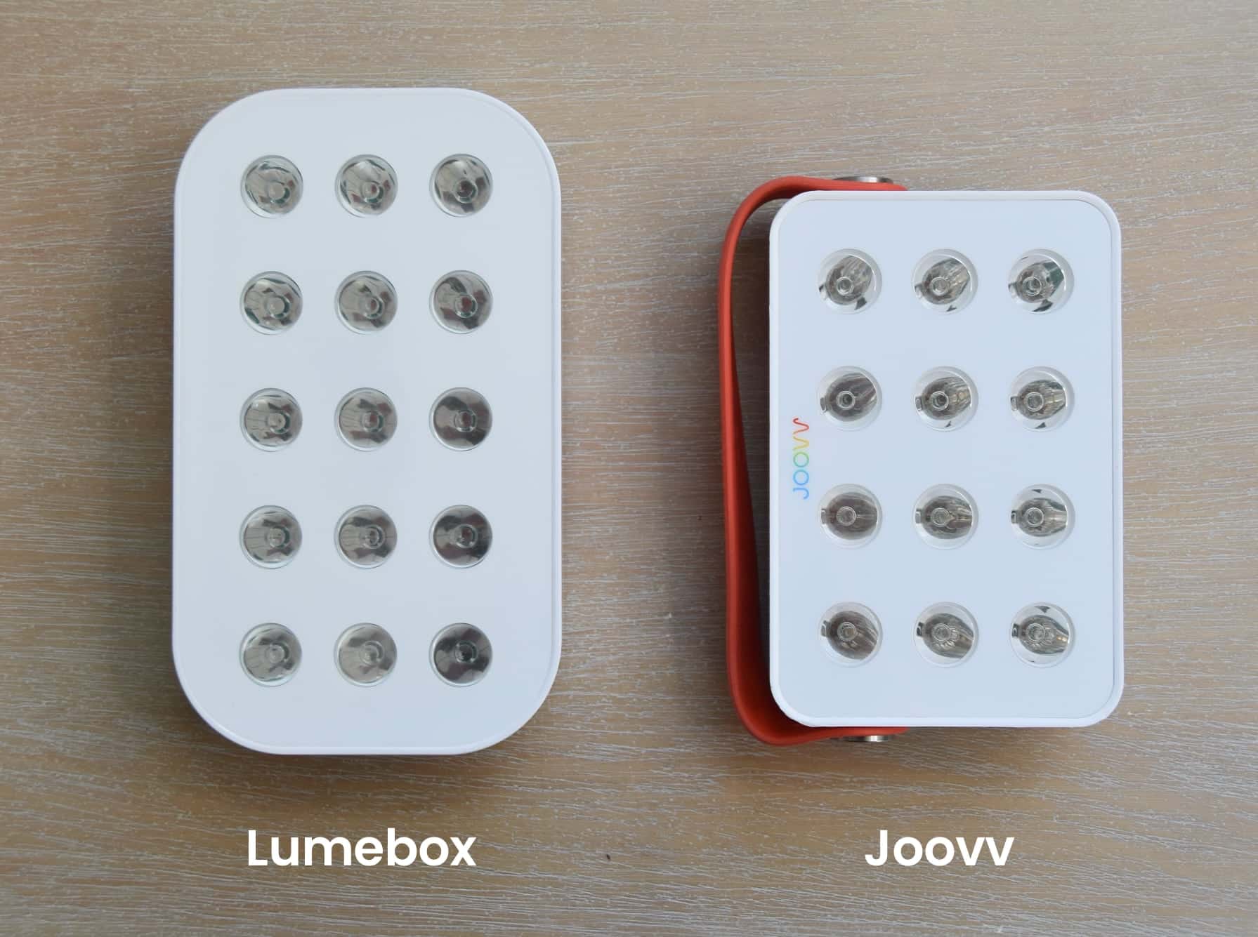 The Lumebox vs Joovv red light therapy devices side by side.