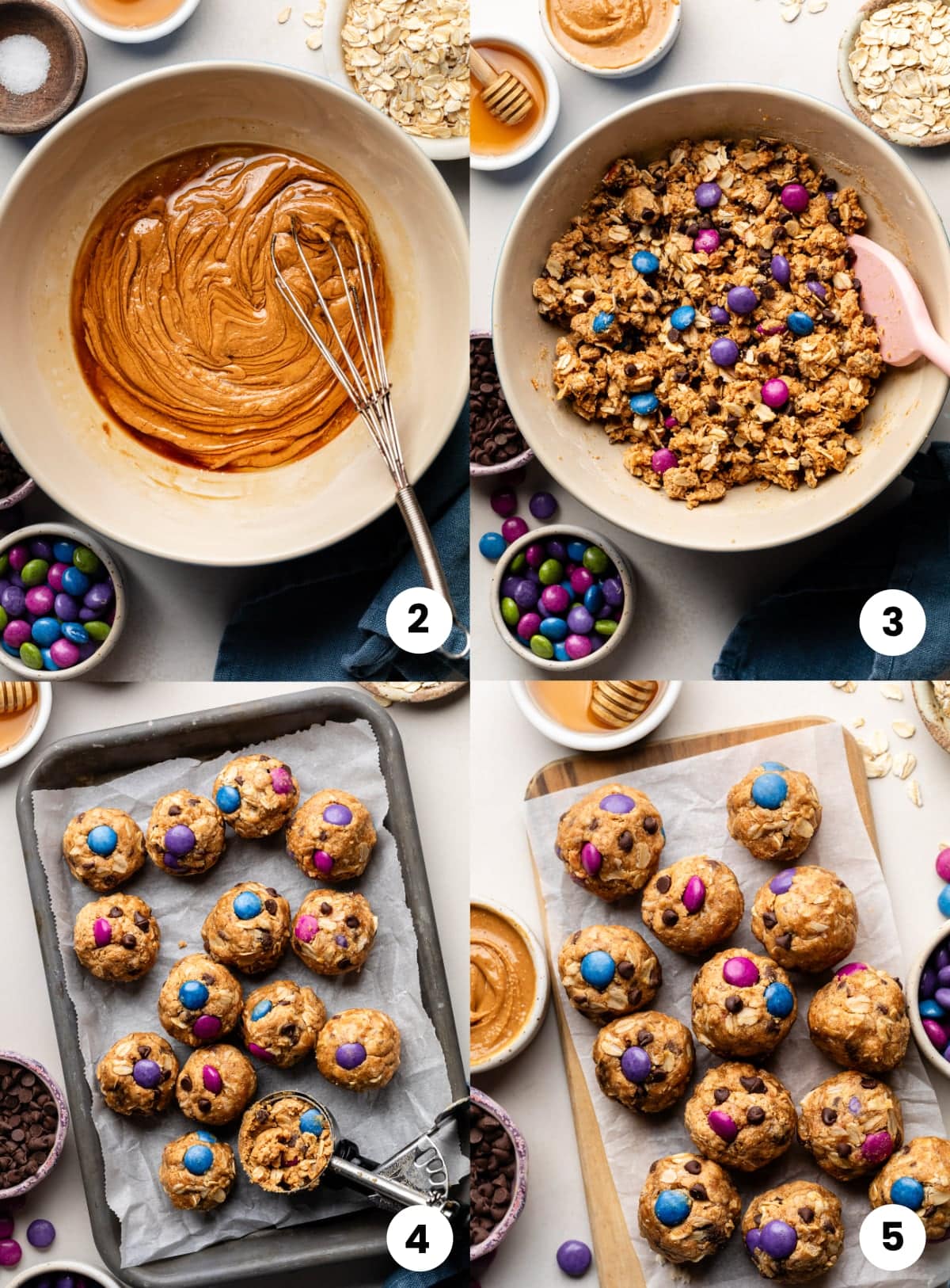 Steps for how to make the recipe, including mixing the wet ingredients, folding in the rolled oats and candy pieces, scooping onto a sheet pan, and chilling the balls.