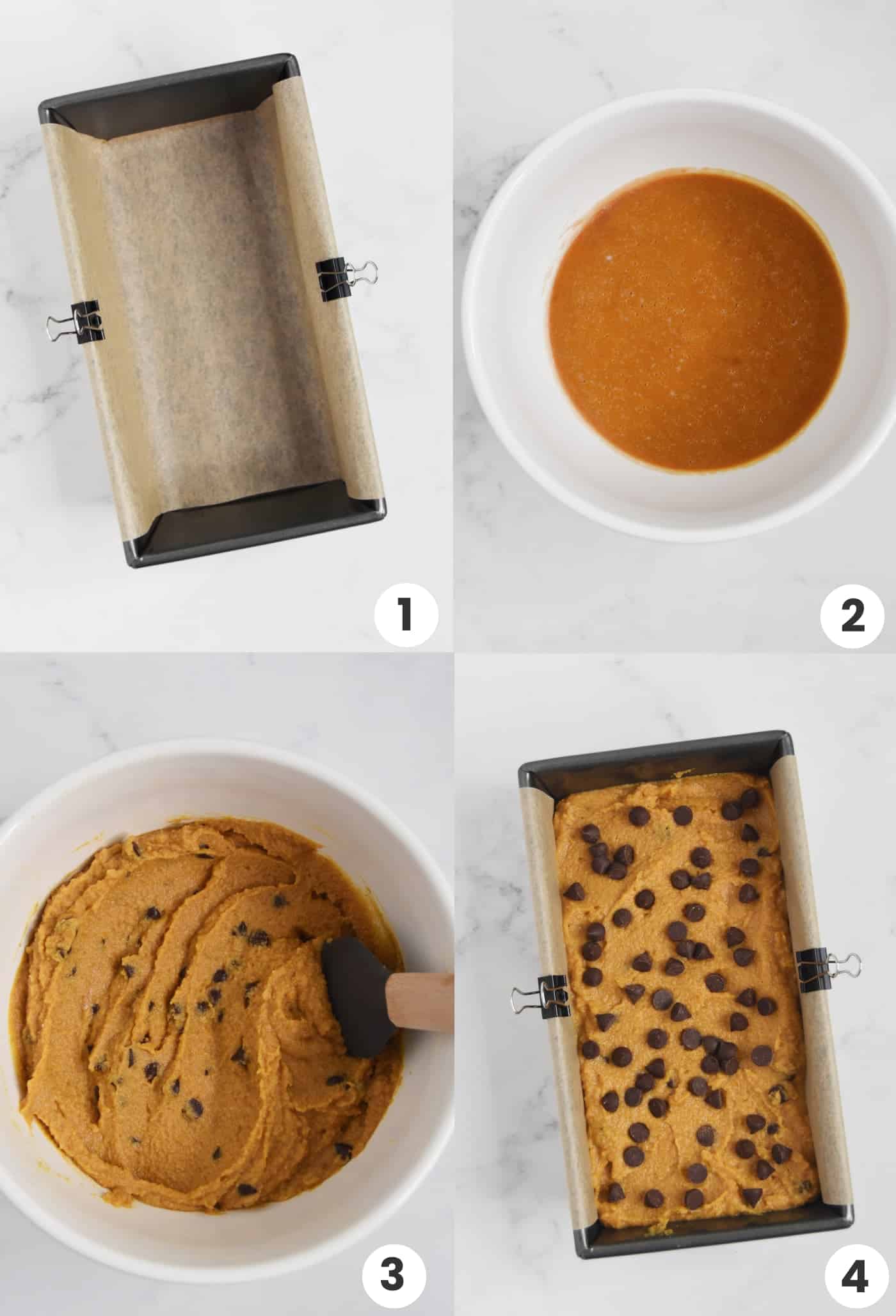 Step by step for how to make pumpkin bread, including lining the bread pan, whisking the wet ingredients, mixing the batter, and transferring it to a loaf pan.