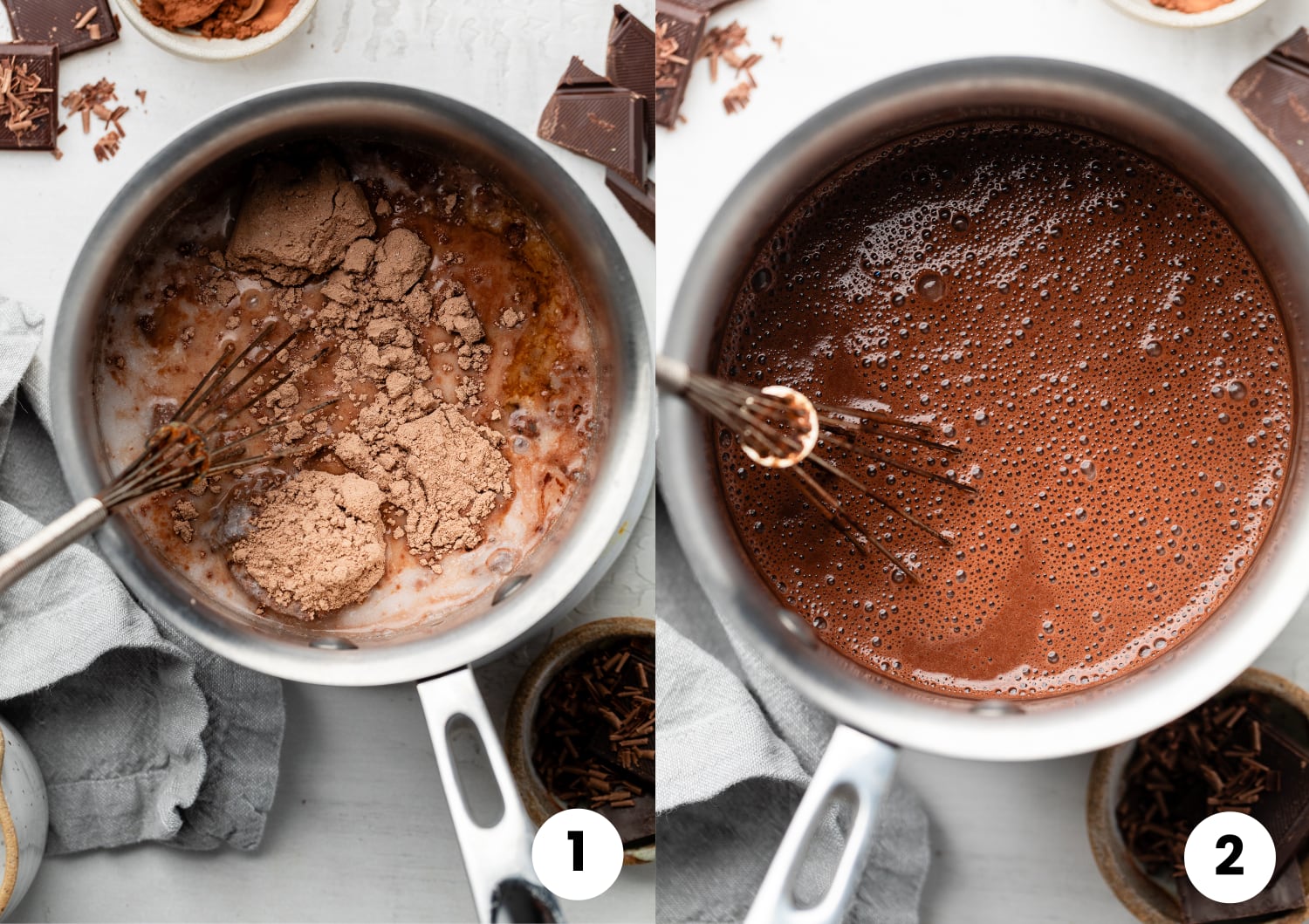 The ingredients in the saucepan, and then the hot chocolate after being whisked and heated up in the pan. 