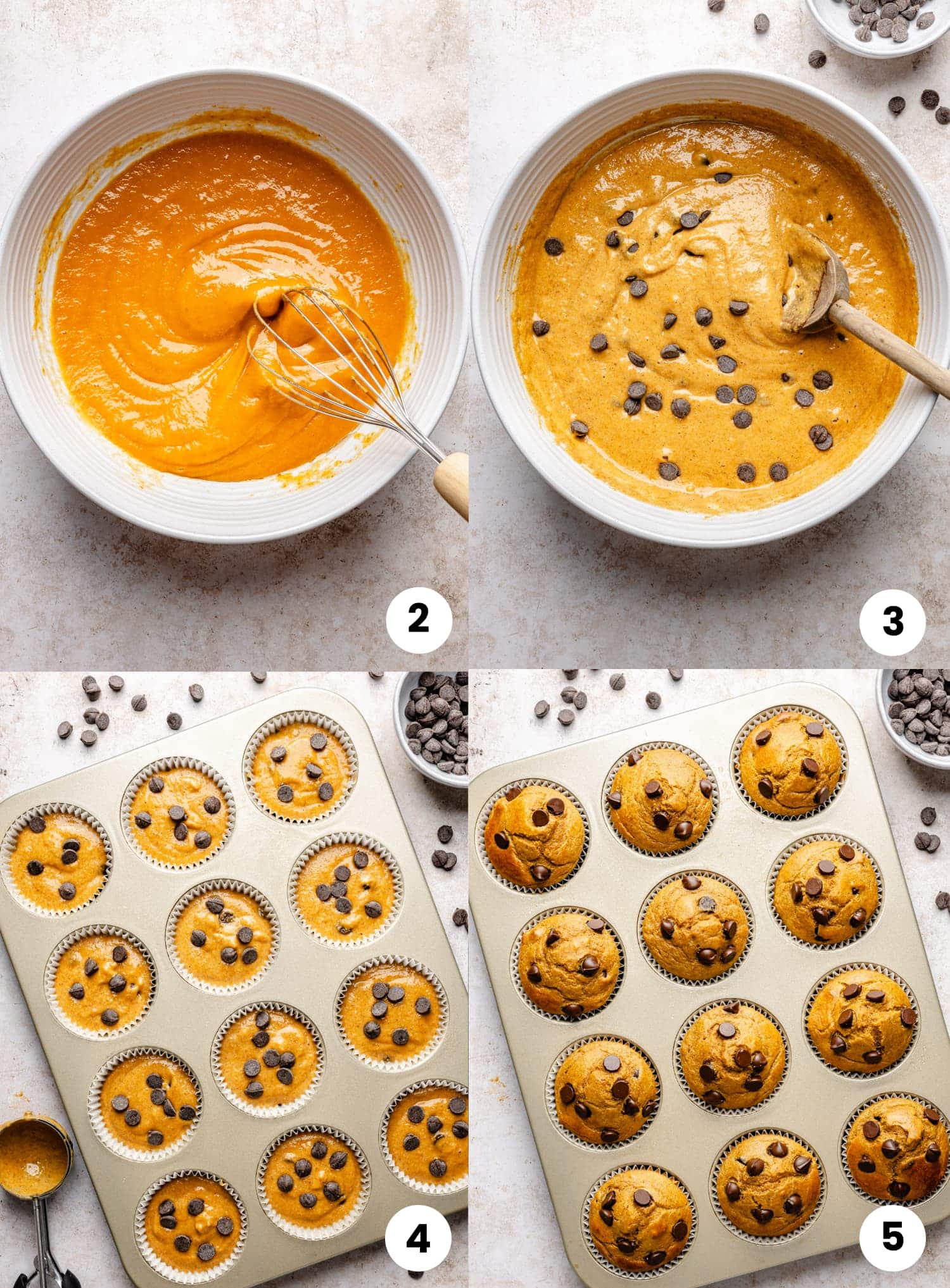 How to make the recipe, including mixing the wet ingredients, adding the flour and chocolate chips, pouring the batter into the muffin cups, and baking the pumpkin protein muffins.